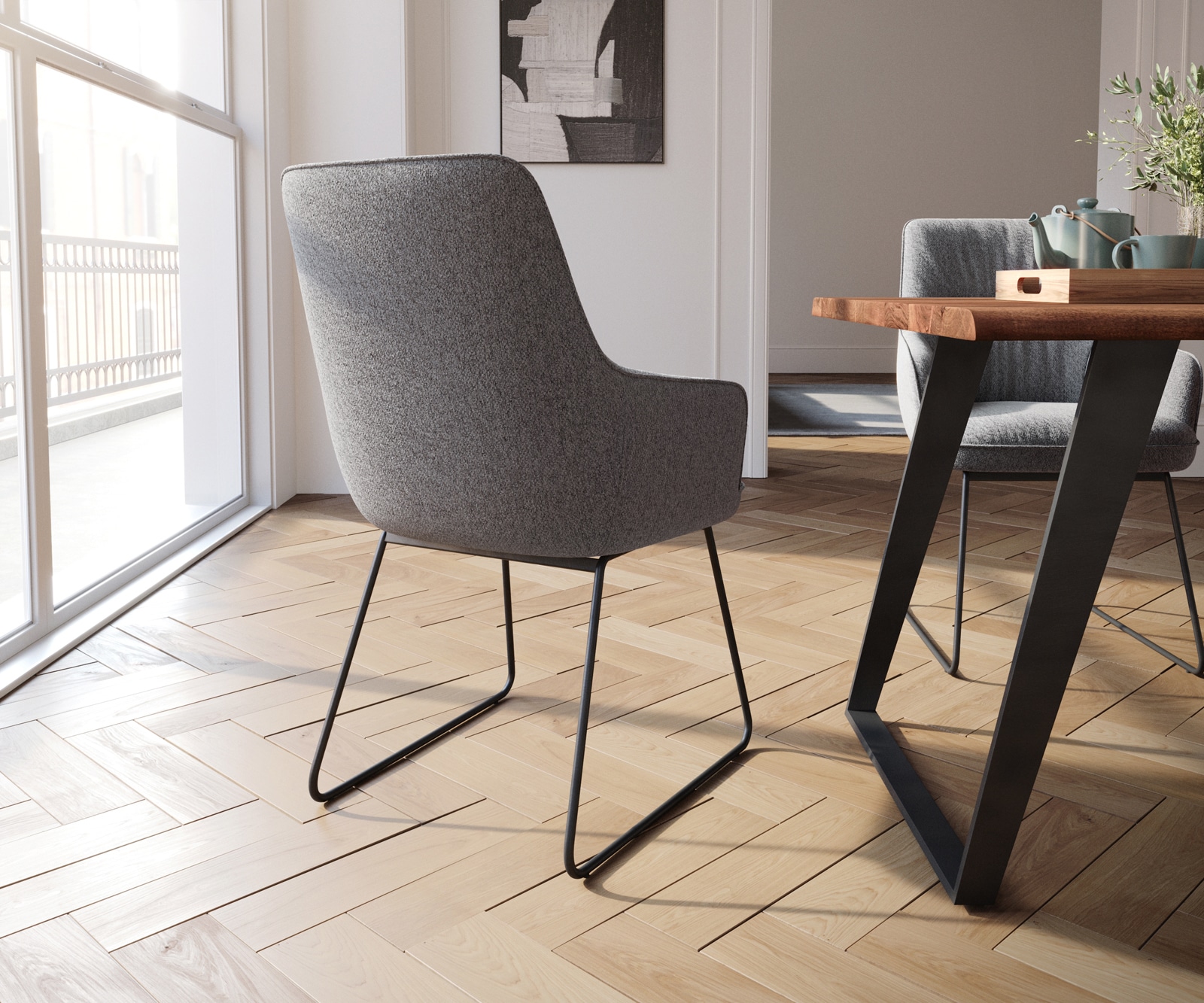 Chaise-de-salle-à-manger Zelia-Flex avec accoudoirs tissu texturé gris clair pied trapèze noir ressorts ensachés 5 Chaise-de-salle-à-manger Zelia-Flex avec accoudoirs tissu texturé gris clair pied trapèze noir ressorts ensachés 5