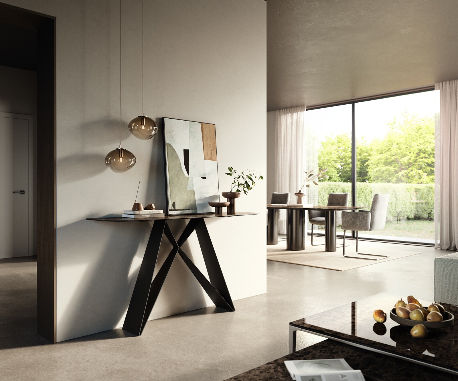 Console Edge forme bateau 140x40 cm Céramique Emperador Extra Lucidato Dunkelbraun Velio Métal Noir 7