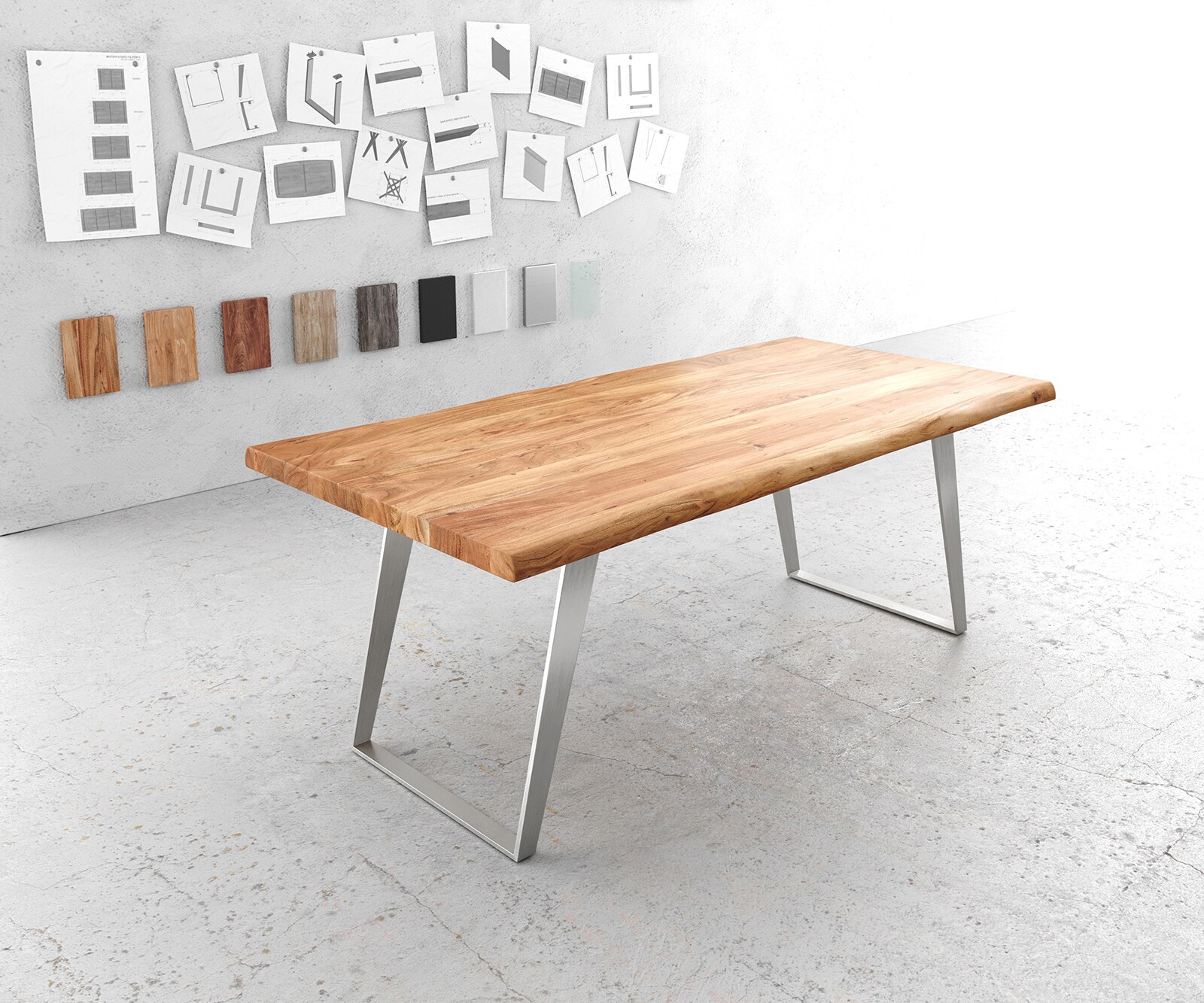 Esstisch Edge 200x100cm XL Akazie Natur Edelstahl Silber schräg Live-Edge 1