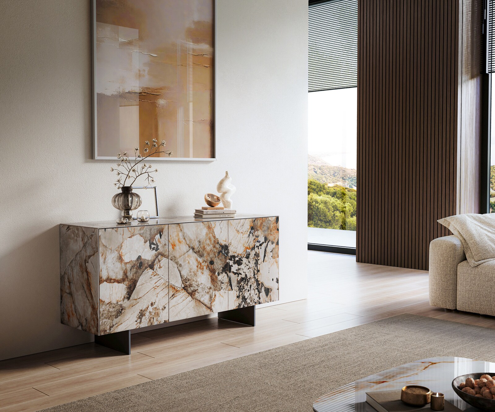Sideboard Cuor 150 cm Keramik Patagonia Poliert 3 Türen Fuß Schwebeoptik Metall Schwarz 1