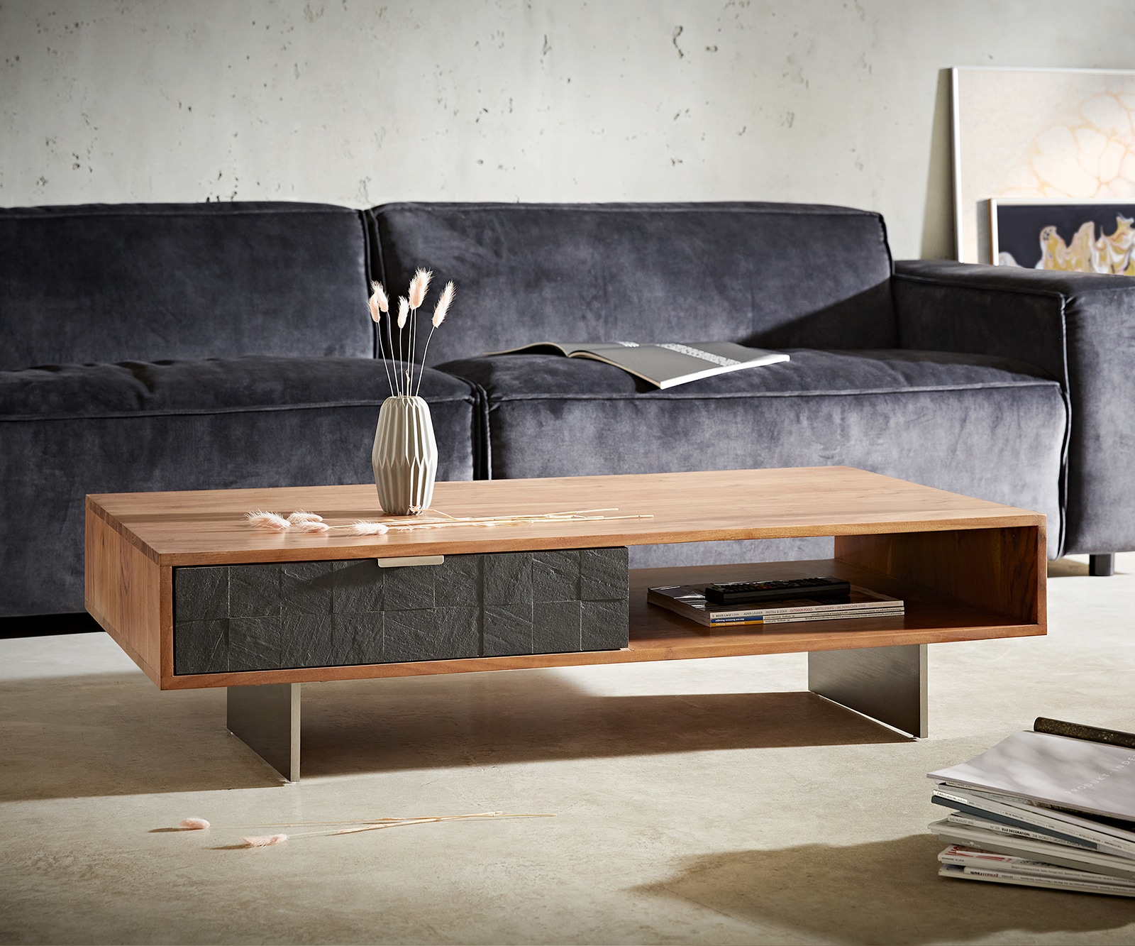 Couchtisch Teele 115x60 cm Akazie Natur Schiefer 2 Schubfächer Fuß schwebend Edelstahl Couchtisch Teele 115x60 cm Akazie Natur Schiefer 2 Schubfächer Fuß schwebend Edelstahl