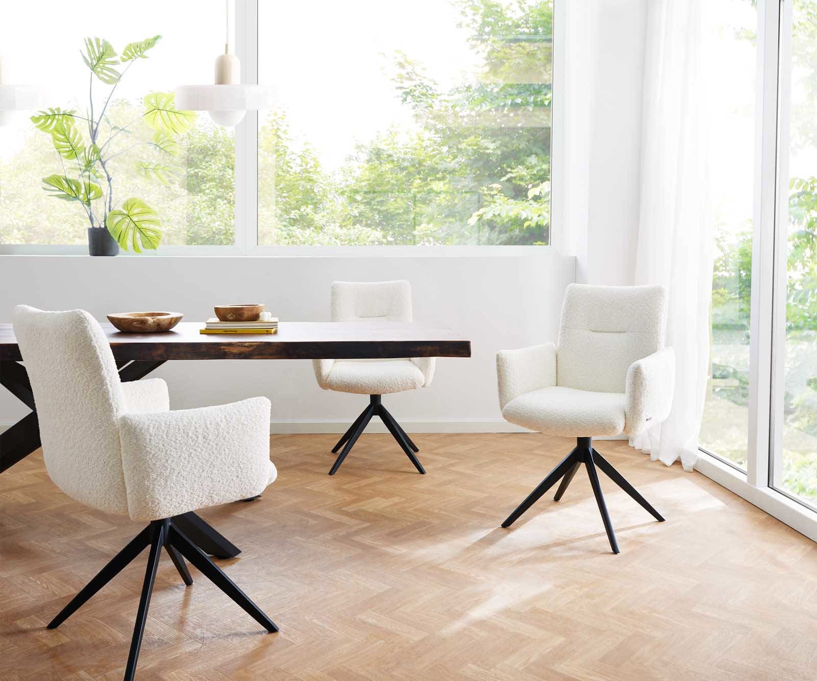 Chaise-pivotante Jova-Flex avec accoudoirs bouclé blanc pied croisé large noir pivotement sur 360° ressorts ensachés 6 Chaise-pivotante Jova-Flex avec accoudoirs bouclé blanc pied croisé large noir pivotement sur 360° ressorts ensachés 6