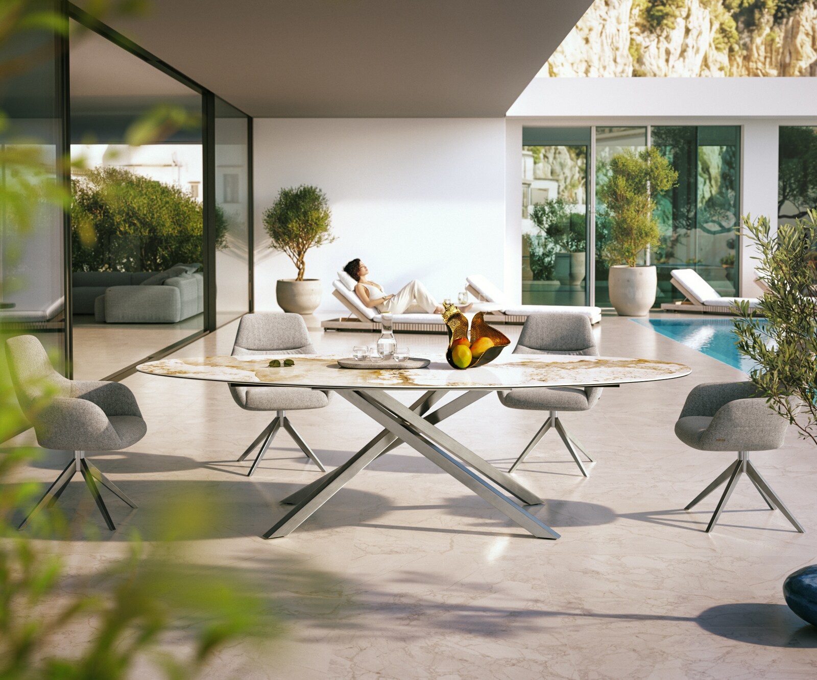 Table d’extérieur Edge Ovale 280x130 cm céramique Minas Melange blanc-beige piètement croisé rectangulaire en acier inoxydable 1