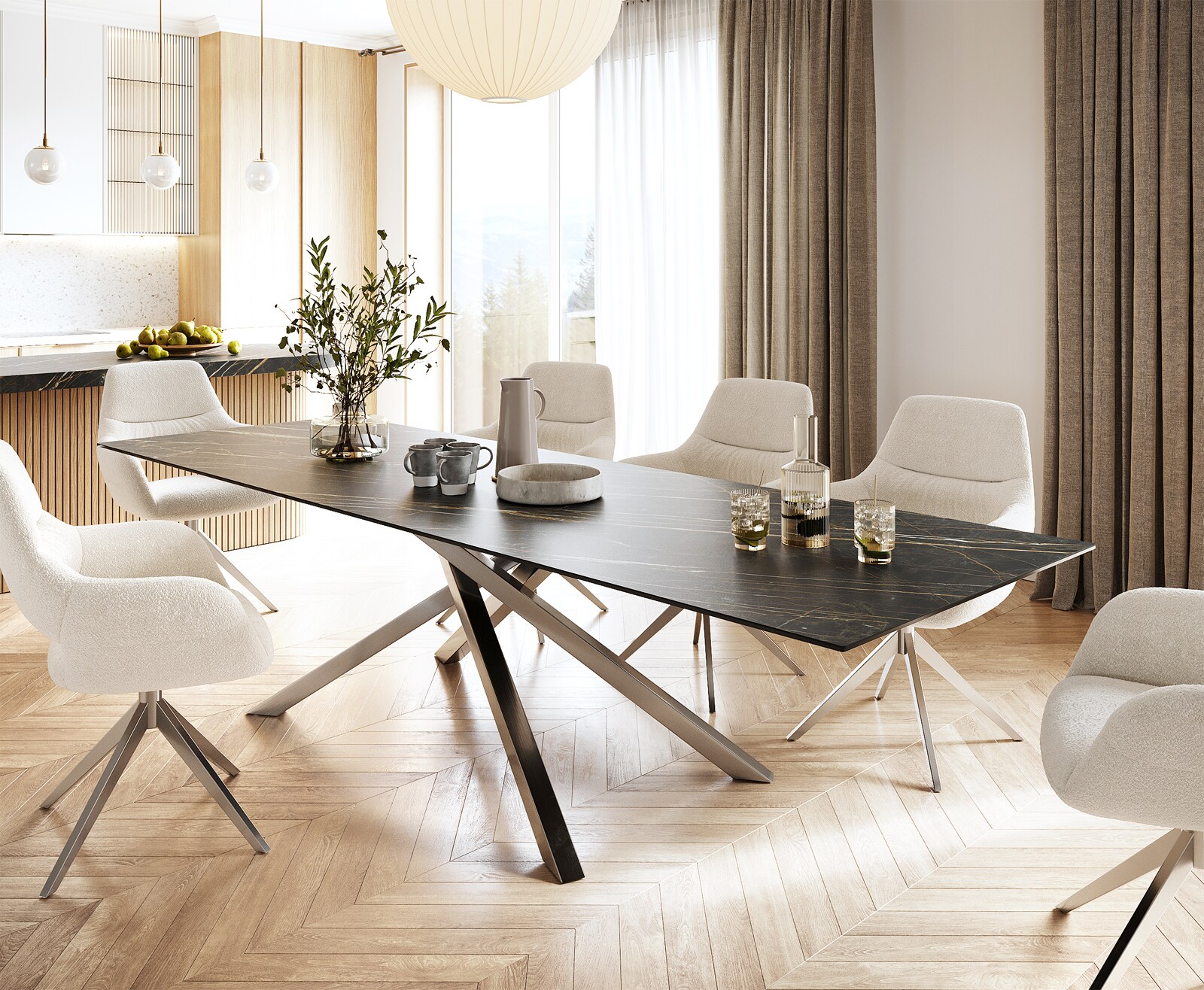 Esstisch Edge 300x100cm Keramik Laminam®Noir Desir Braun Kreuzgestell Rechteck Edelstahl