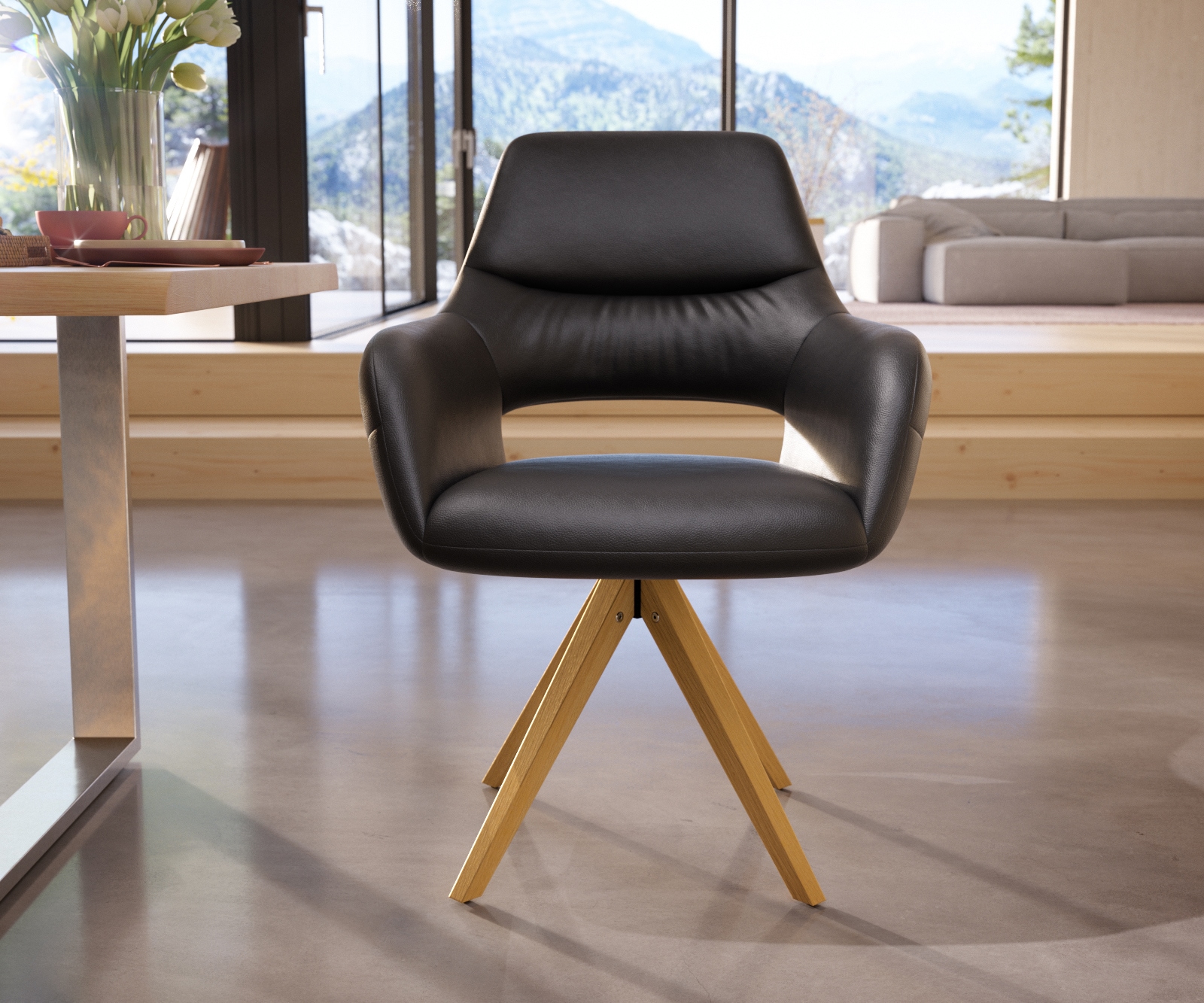 Esszimmerstuhl Yago-Flex mit Armlehnen Echt-Leder Schwarz Holzgestell kantig Natur Taschenfederkern 1 Esszimmerstuhl Yago-Flex mit Armlehnen Echt-Leder Schwarz Holzgestell kantig Natur Taschenfederkern 1