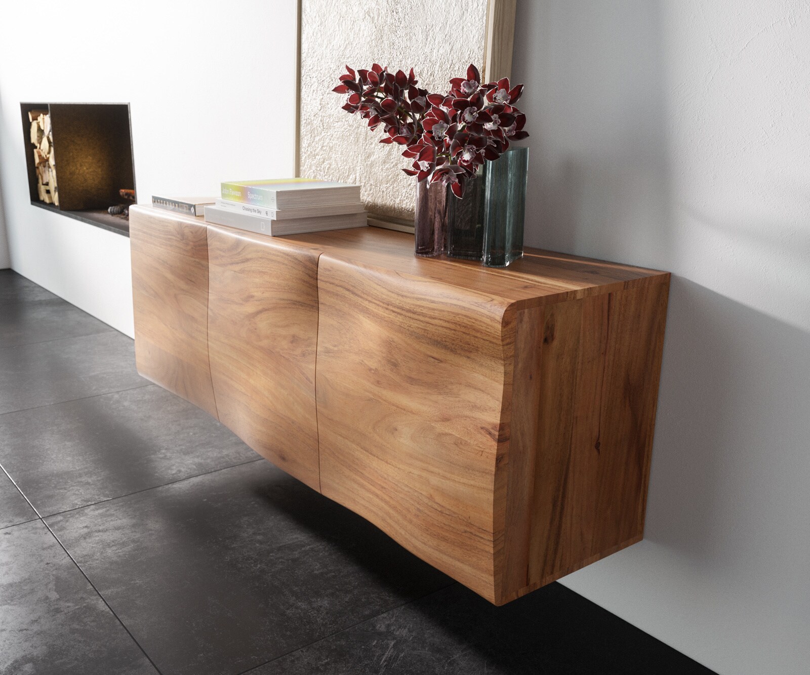 Buffet New Live-Edge 145 cm acacia naturel 3 portes fixation murale 1