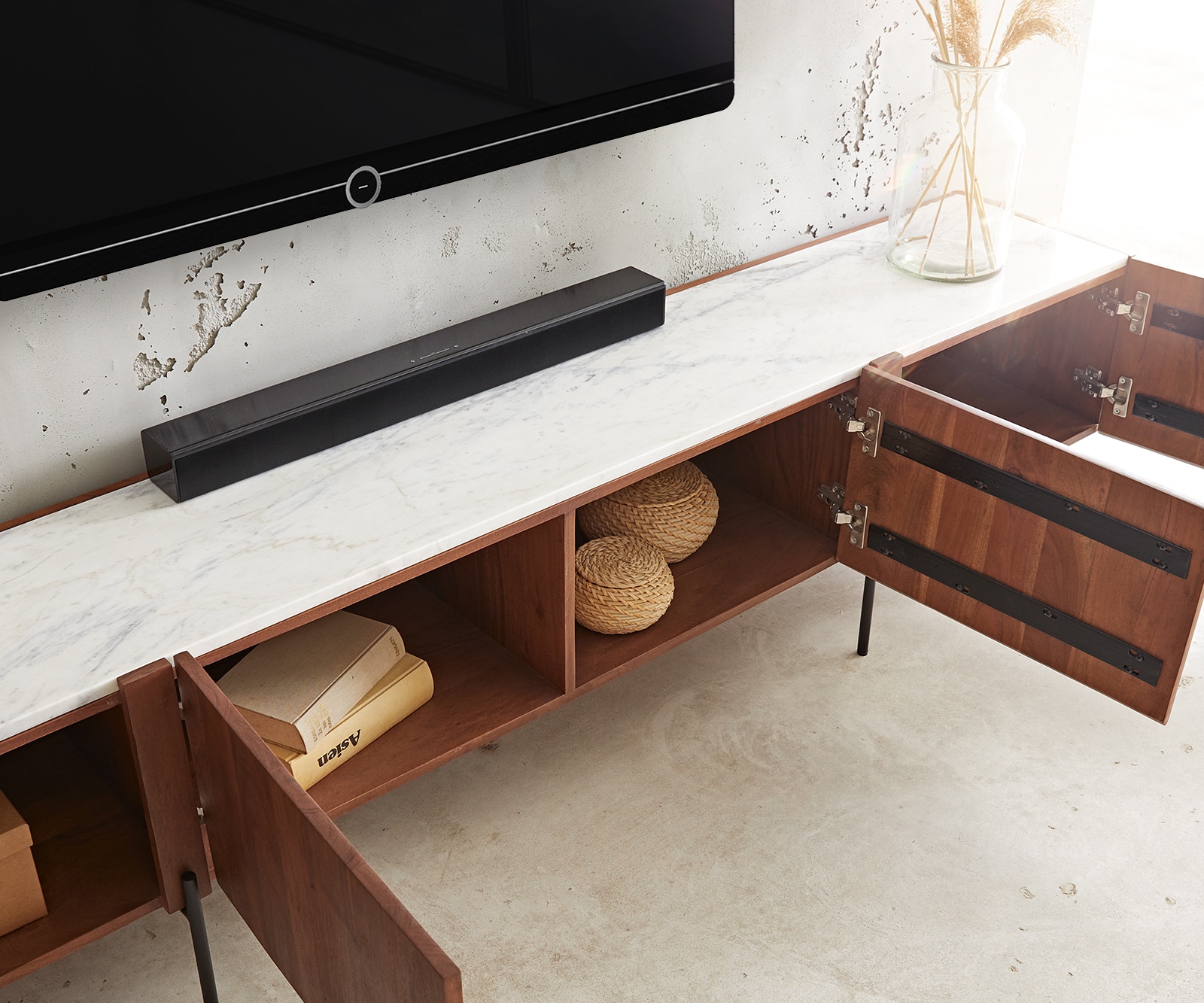 Lowboard Secara 200 cm Akazie Braun 4 Türen Marmor Füße Schwarz 4 Lowboard Secara 200 cm Akazie Braun 4 Türen Marmor Füße Schwarz 4