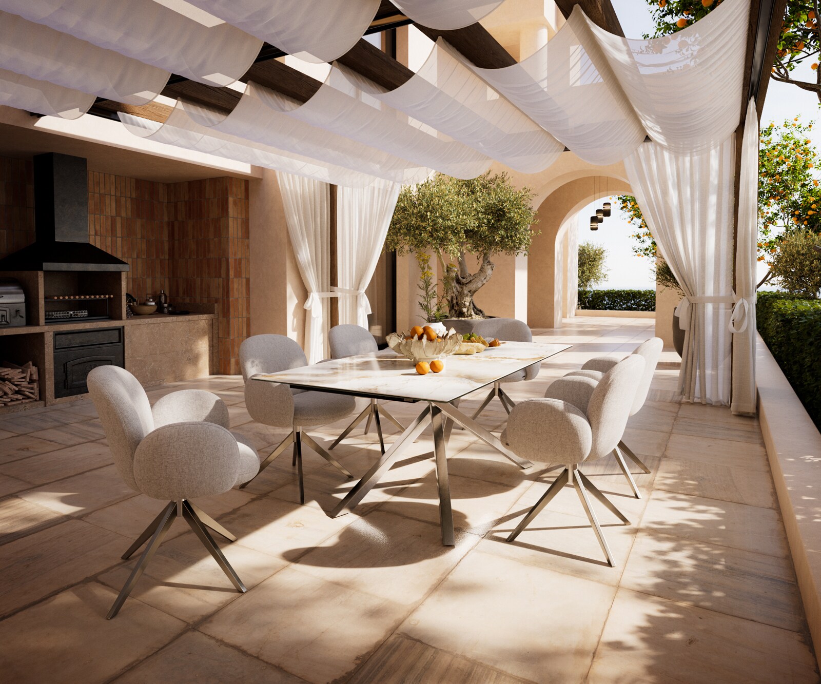 Table d’extérieur Edge 200x100 cm céramique Minas Melange blanc-beige piètement croisé rectangulaire en acier inoxydable 6