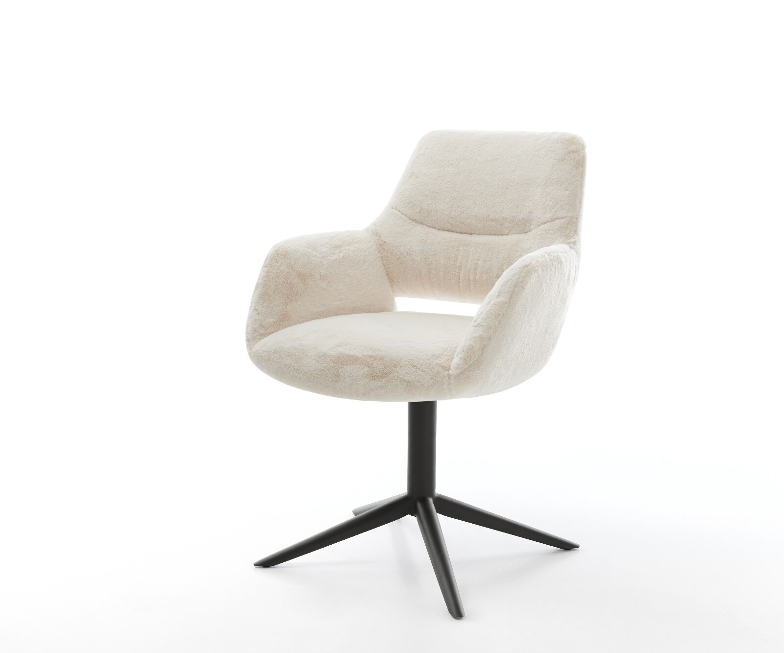 Chaise-pivotante Yago-Flex avec accoudoirs peluche crème-blanc pied de chaise 4 branches noir pivotement sur 360° fonction bascule resorts ensachés