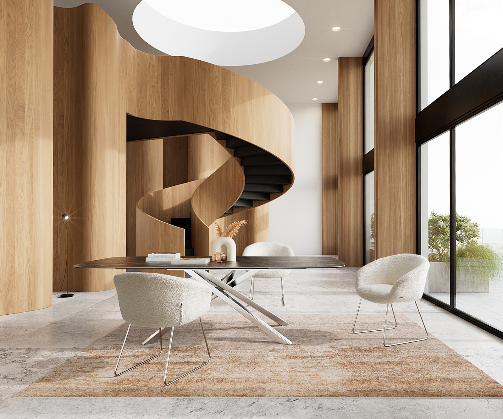 Esszimmerstuhl Vinka-Flex mit Armlehnen Bouclé Weiß Kufengestell Edelstahl Taschenfederkern 3 Esszimmerstuhl Vinka-Flex mit Armlehnen Bouclé Weiß Kufengestell Edelstahl Taschenfederkern 3