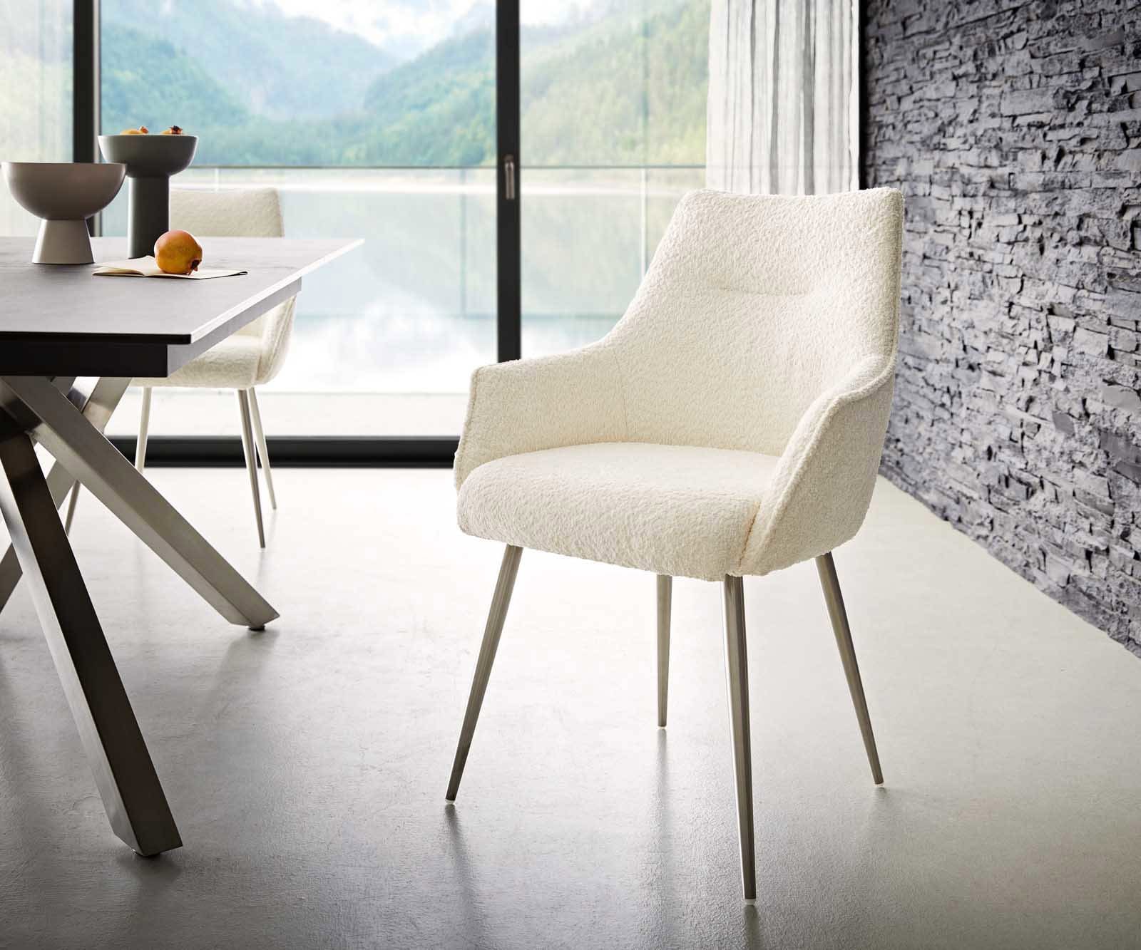 Esszimmerstuhl Alja-Flex mit Armlehnen Bouclé Weiß 4-Fuß konisch Edelstahl Taschenfederkern Esszimmerstuhl Alja-Flex mit Armlehnen Bouclé Weiß 4-Fuß konisch Edelstahl Taschenfederkern