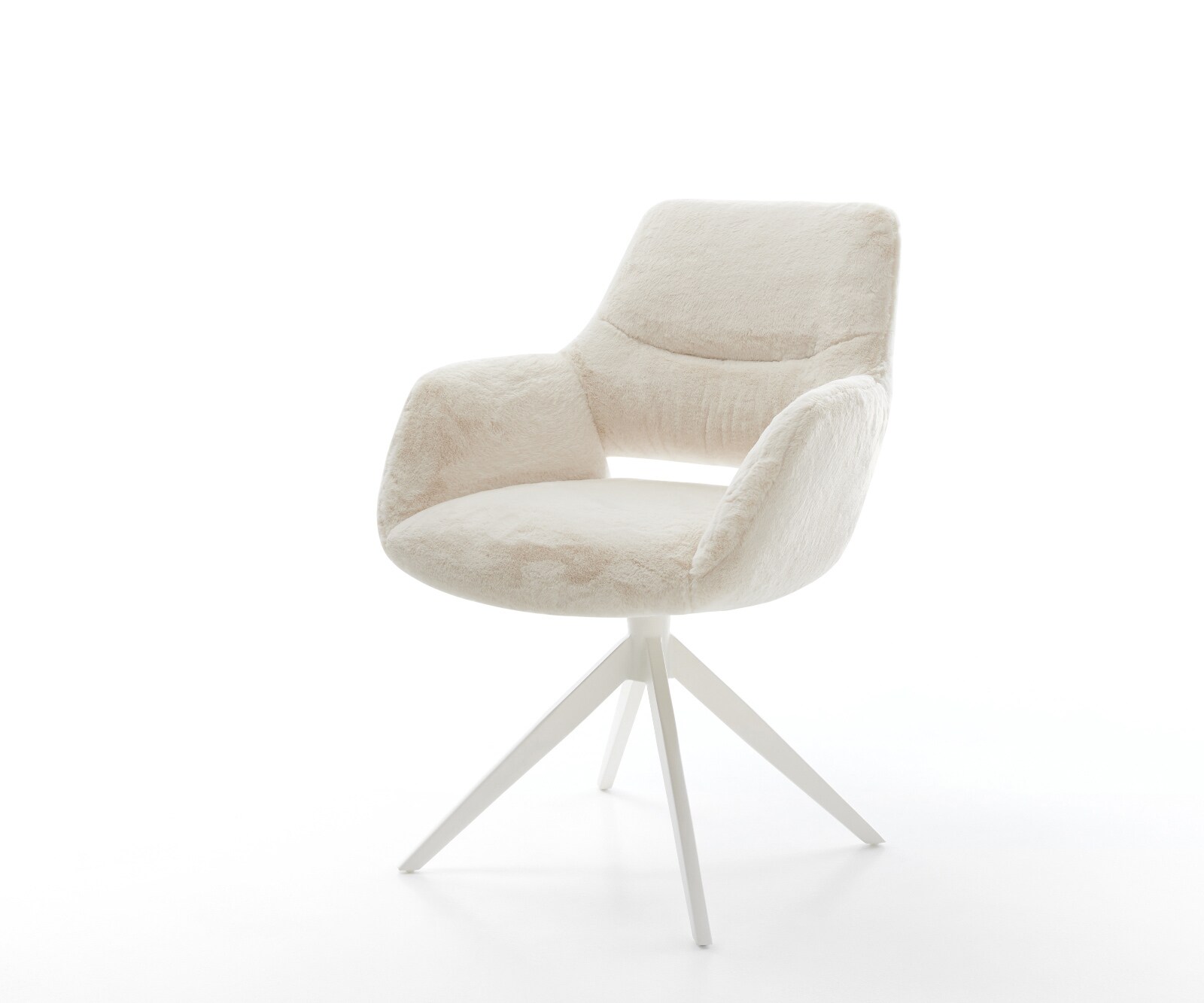 Chaise-pivotante Yago-Flex avec accoudoirs peluche crème-blanc pied croisé large blanc pivotement sur 360° fonction bascule resorts ensachés