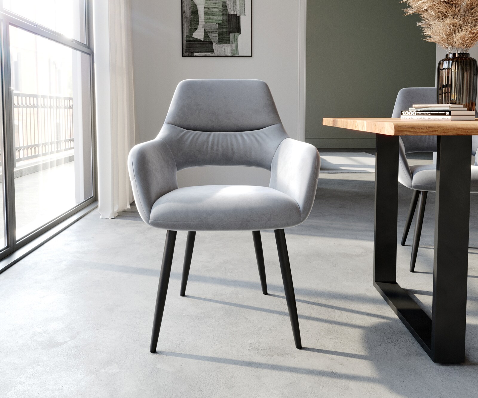 Chaise-de-salle-à-manger Yago-Flex avec accoudoirs velours gris 4 pieds coniques noir ressorts ensachés 1