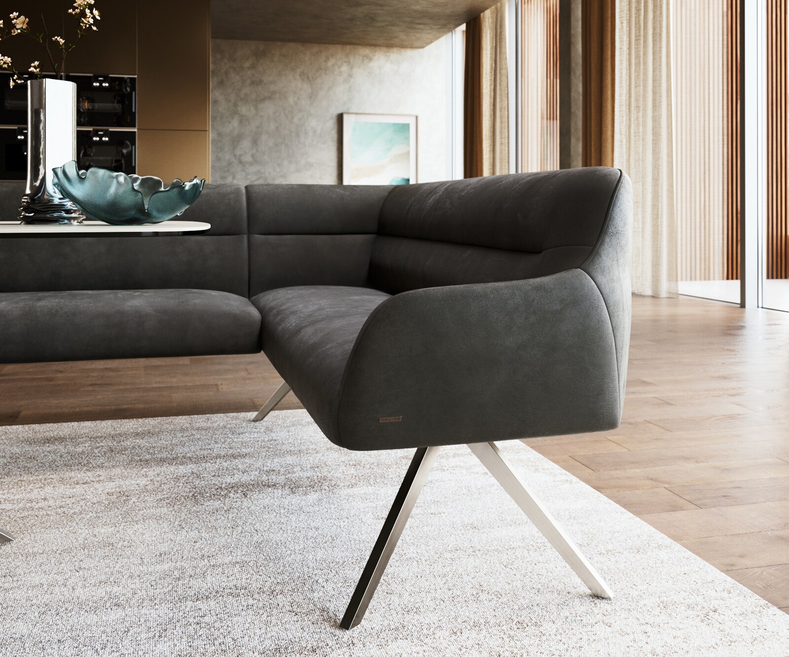 Esszimmerbank Taya-Flex 285x190 cm Mikrofaser Anthrazit Vintage Kreuzgestell kantig Edelstahl Taschenfederkern Links 4