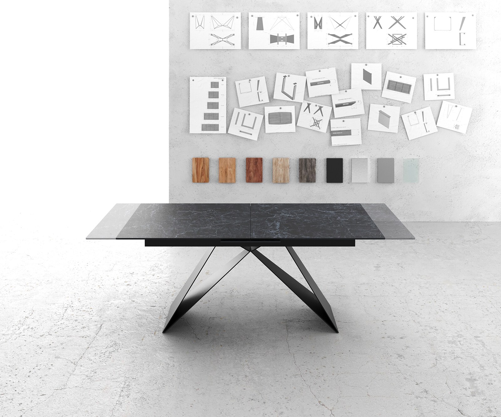 Table-à-manger Edge 180-220x100cm Laminam® céramique gris V-pieds milieu noir 5