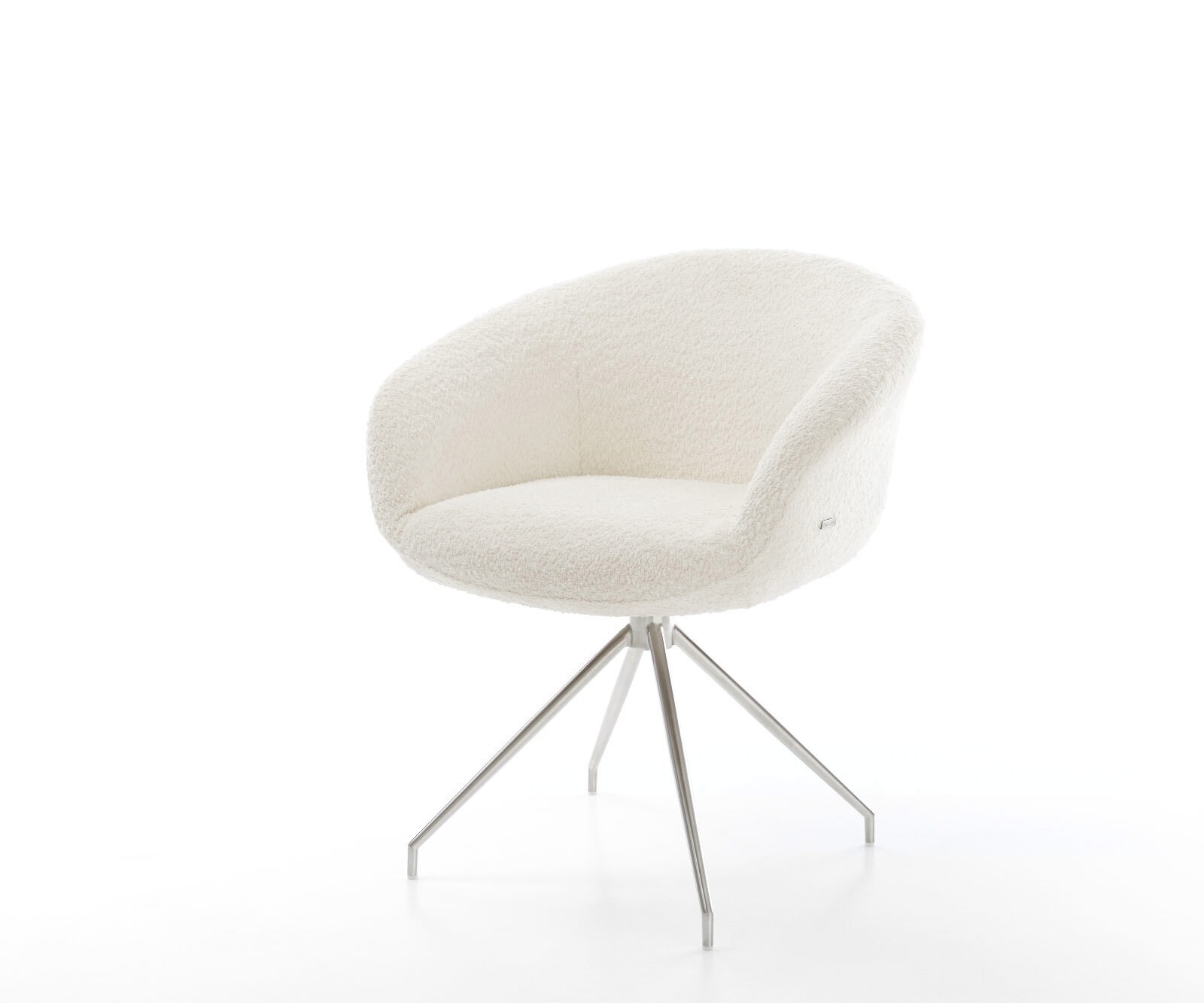 Chaise-pivotante Vinka-Flex avec accoudoirs bouclé blanc pied croisé conique acier inoxydable brossé pivotement sur 180° ressorts ensachés 1