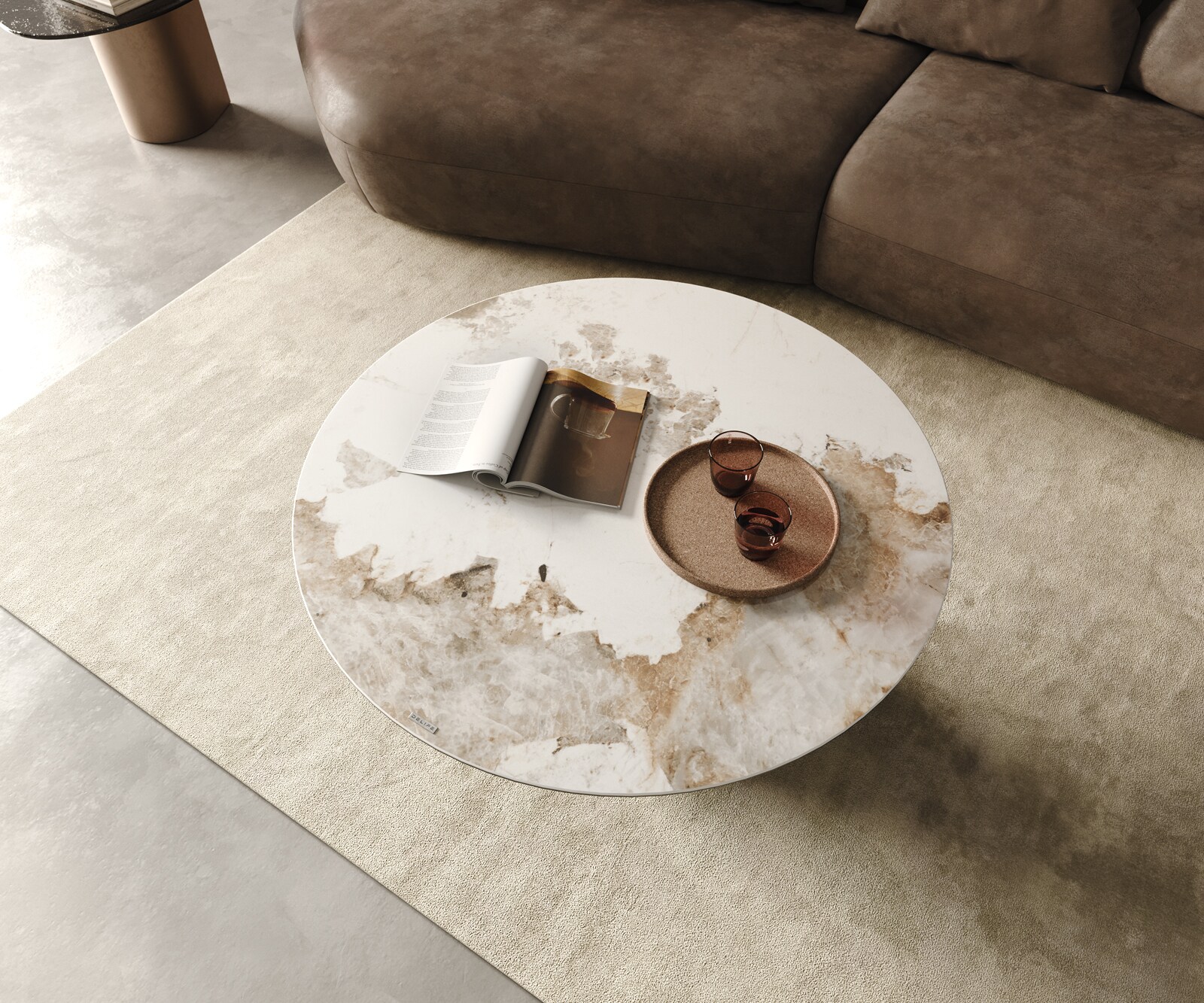 Table-basse Borna 100x100 cm Céramique Minas Melange Blanc-Beige Piétement Conique Finition Effet Titane 6