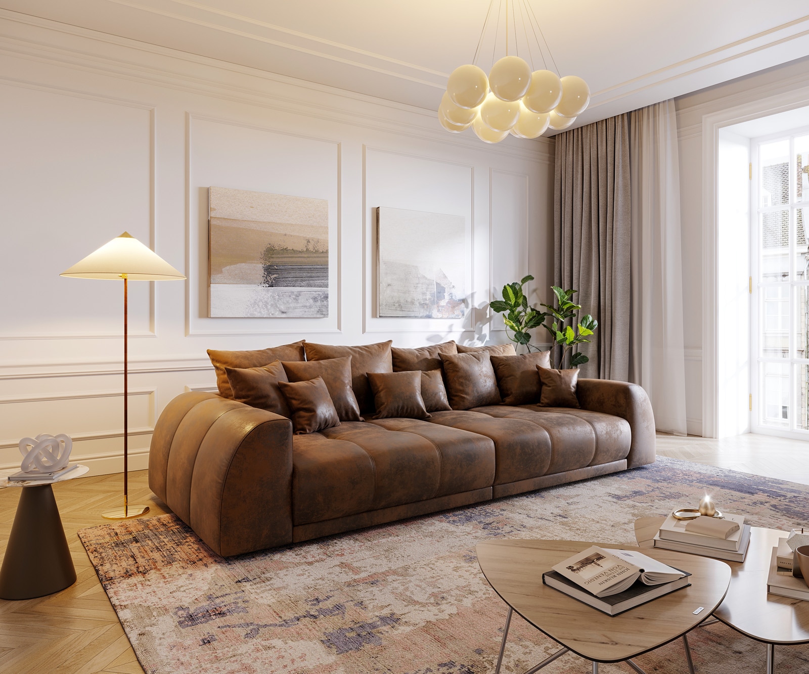 Big-Sofa Violetta 310x135 cm Braun Antik Optik mit Kissen Big-Sofa Violetta 310x135 cm Braun Antik Optik mit Kissen