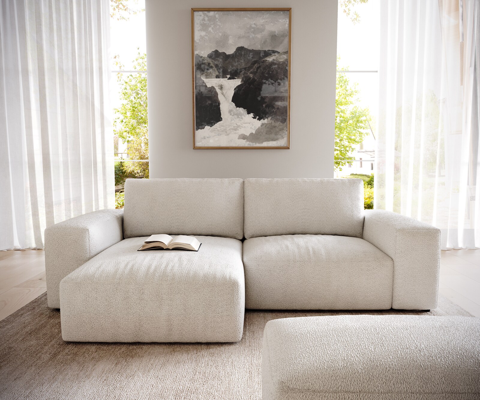 Ecksofa Lanzo 230x155 cm Bouclé Creme-Weiß Recamiere variabel mit Hocker 2