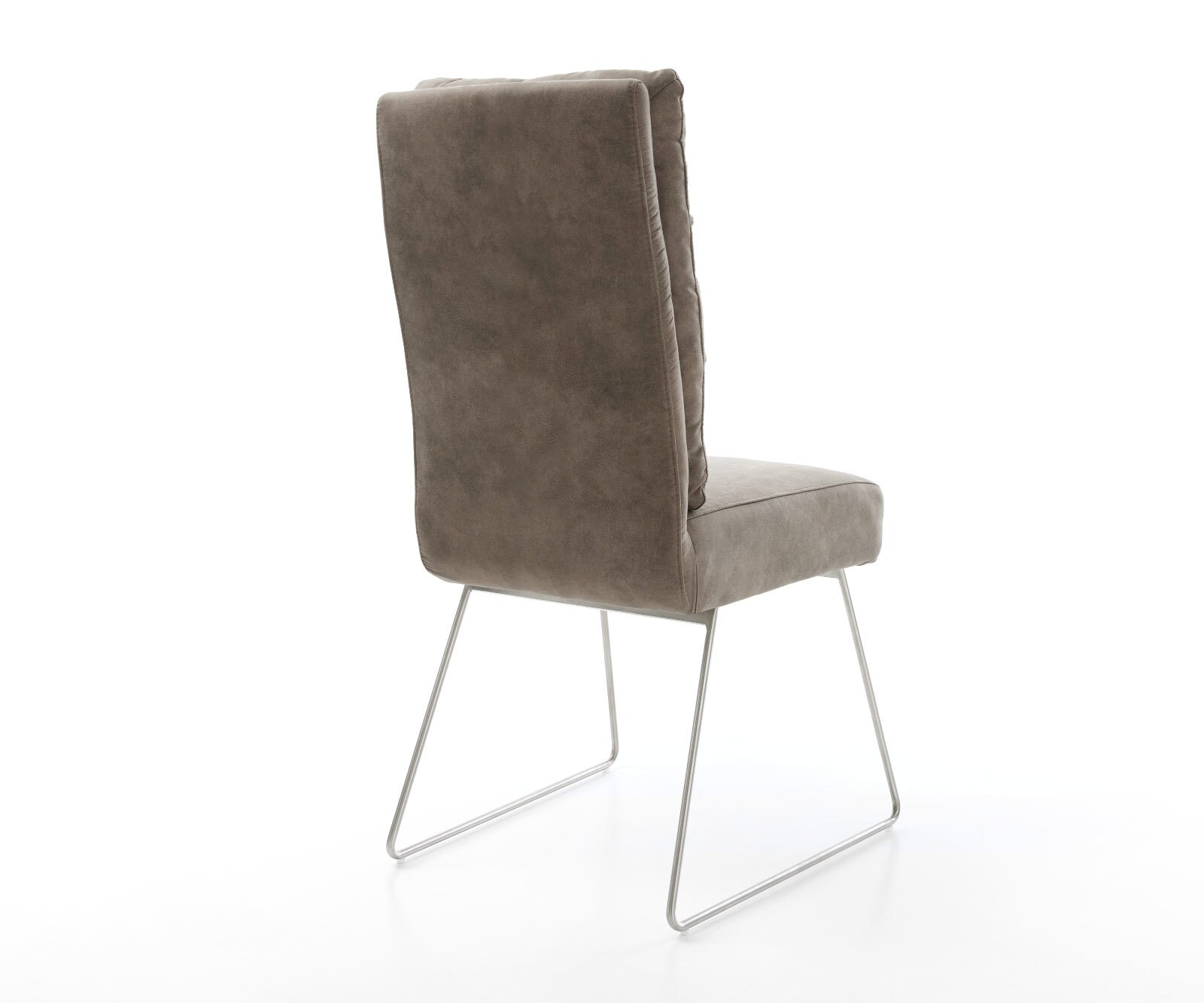 Chaise-de-salle-à-manger Pela-Flex microvelours taupe vintage pied trapèze acier inoxydable brossé ressorts ensachés 4
