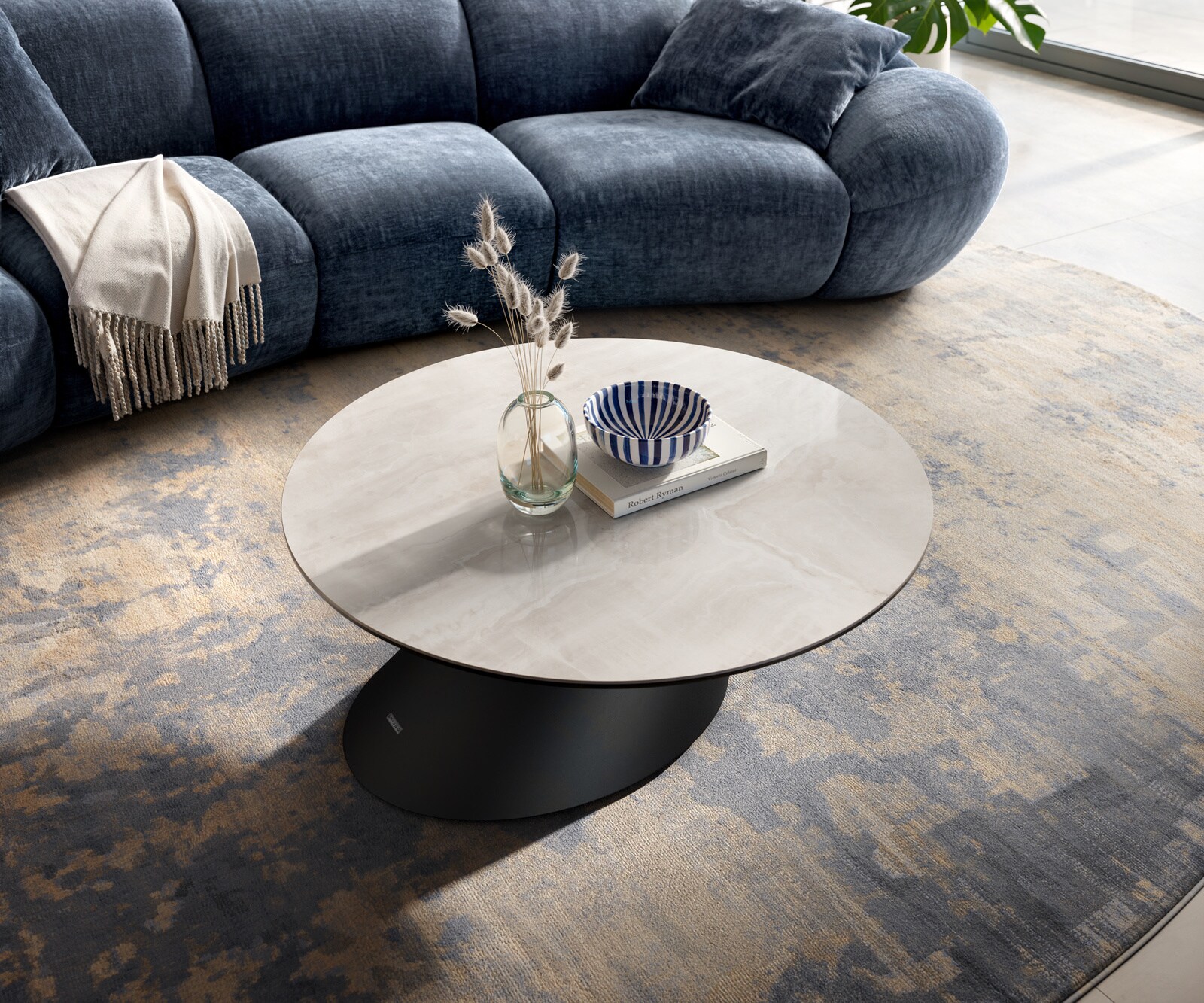 Table basse Edge ronde 90x90 cm céramique Onyx Champagne Conis métal noir 4