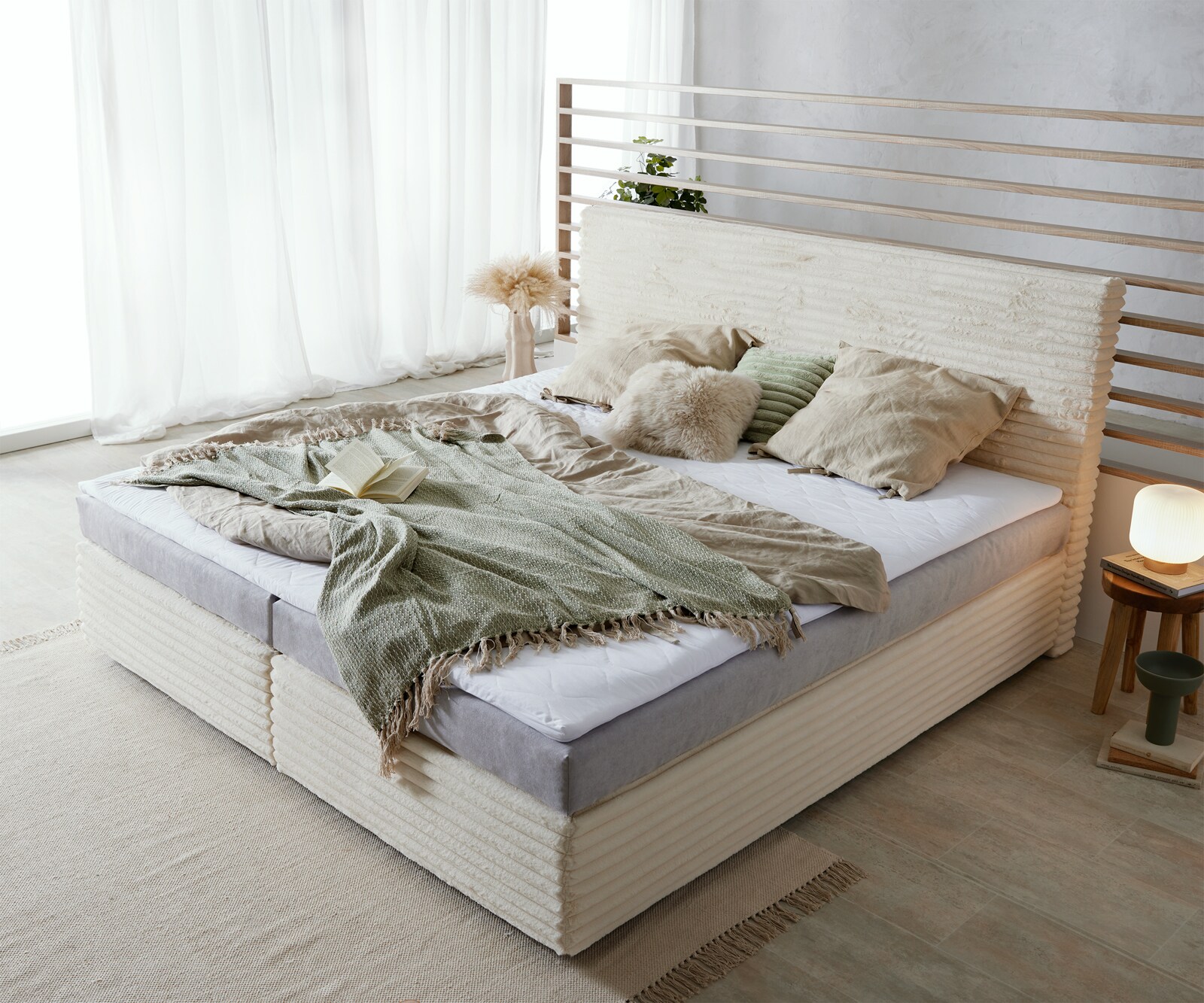 Lit-à-sommier-tapissier Dream-Well Velours côtelé en peluche beige 200x200 cm Matelas Bonell Surmatelas PU 3