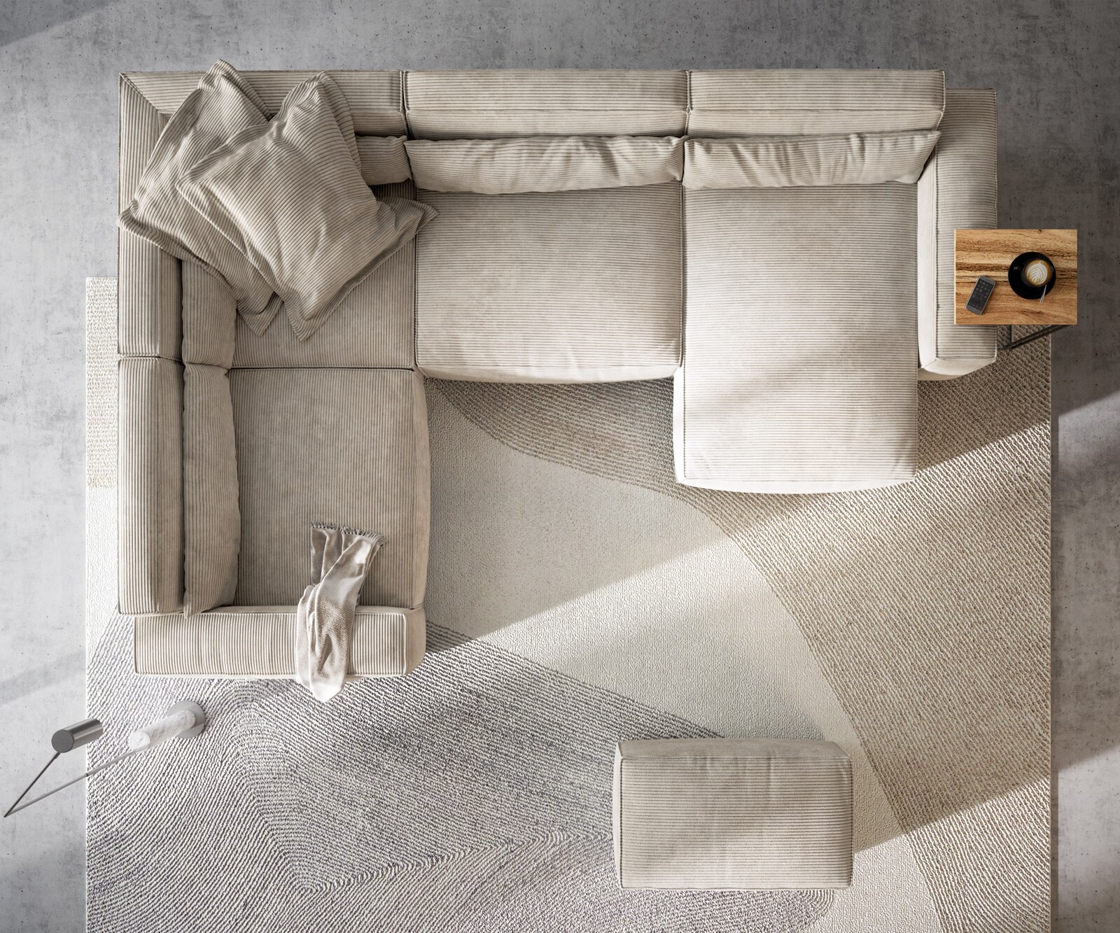 Wohnlandschaft Sirpio 300x200 cm Cord Beige Recamiere variabel mit Hocker 5