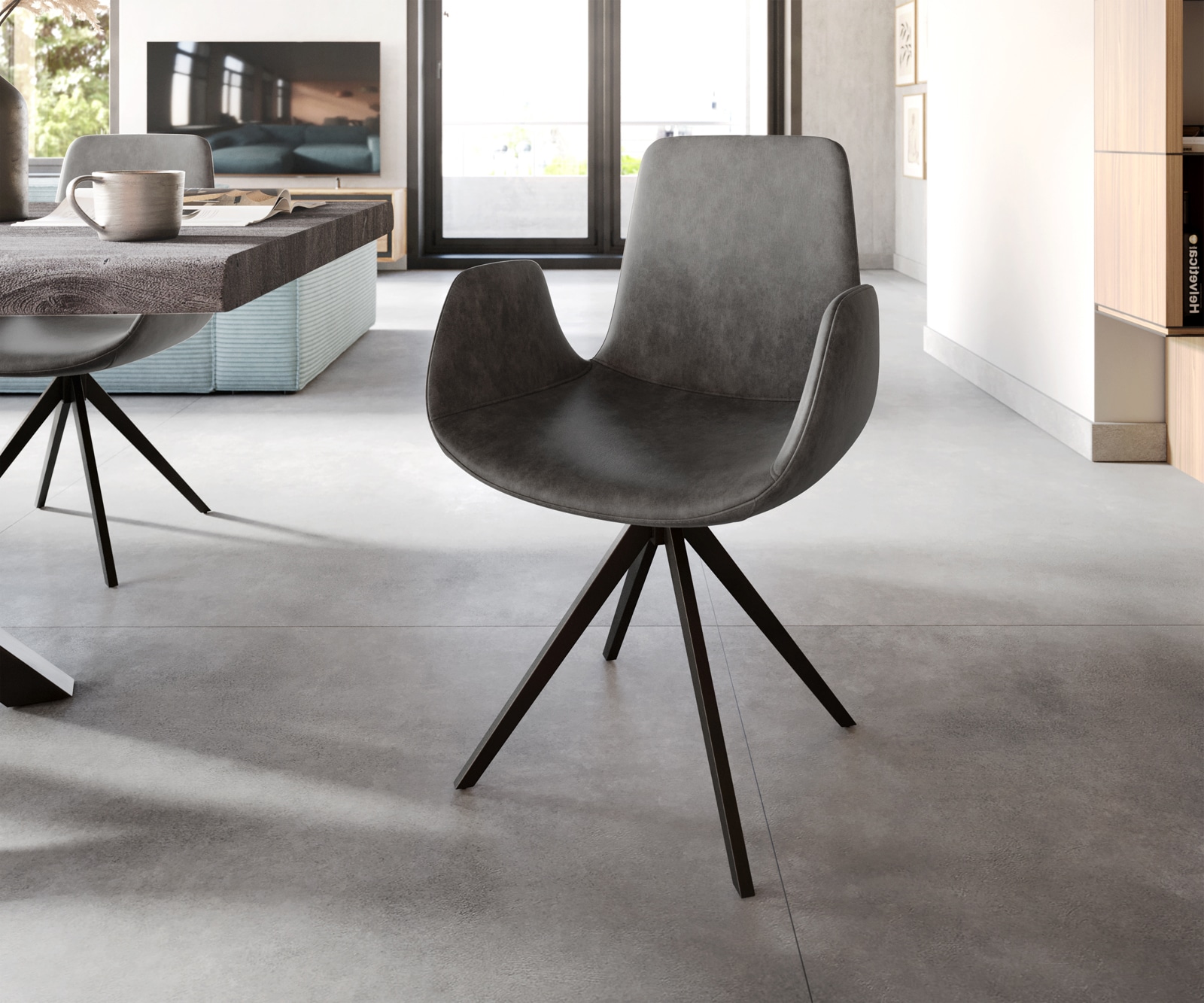 Esszimmerstuhl Ilia-Flex mit Armlehnen Mikrofaser Anthrazit Vintage Kreuzgestell kantig Schwarz Esszimmerstuhl Ilia-Flex mit Armlehnen Mikrofaser Anthrazit Vintage Kreuzgestell kantig Schwarz