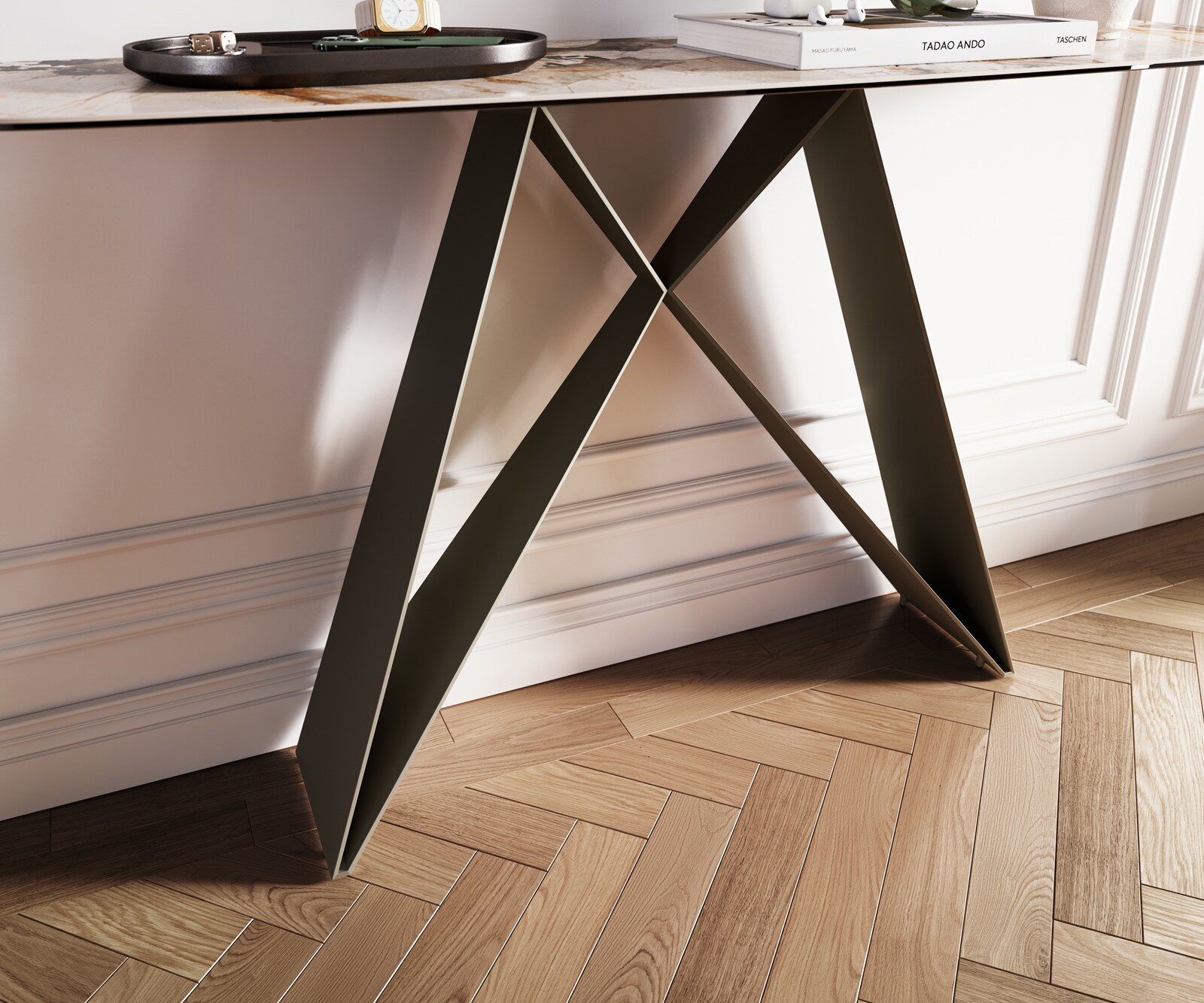 Konsolentisch Edge Boot 140x40 cm Keramik Patagonia Poliert Velio Metall Effektfinish Titan 6