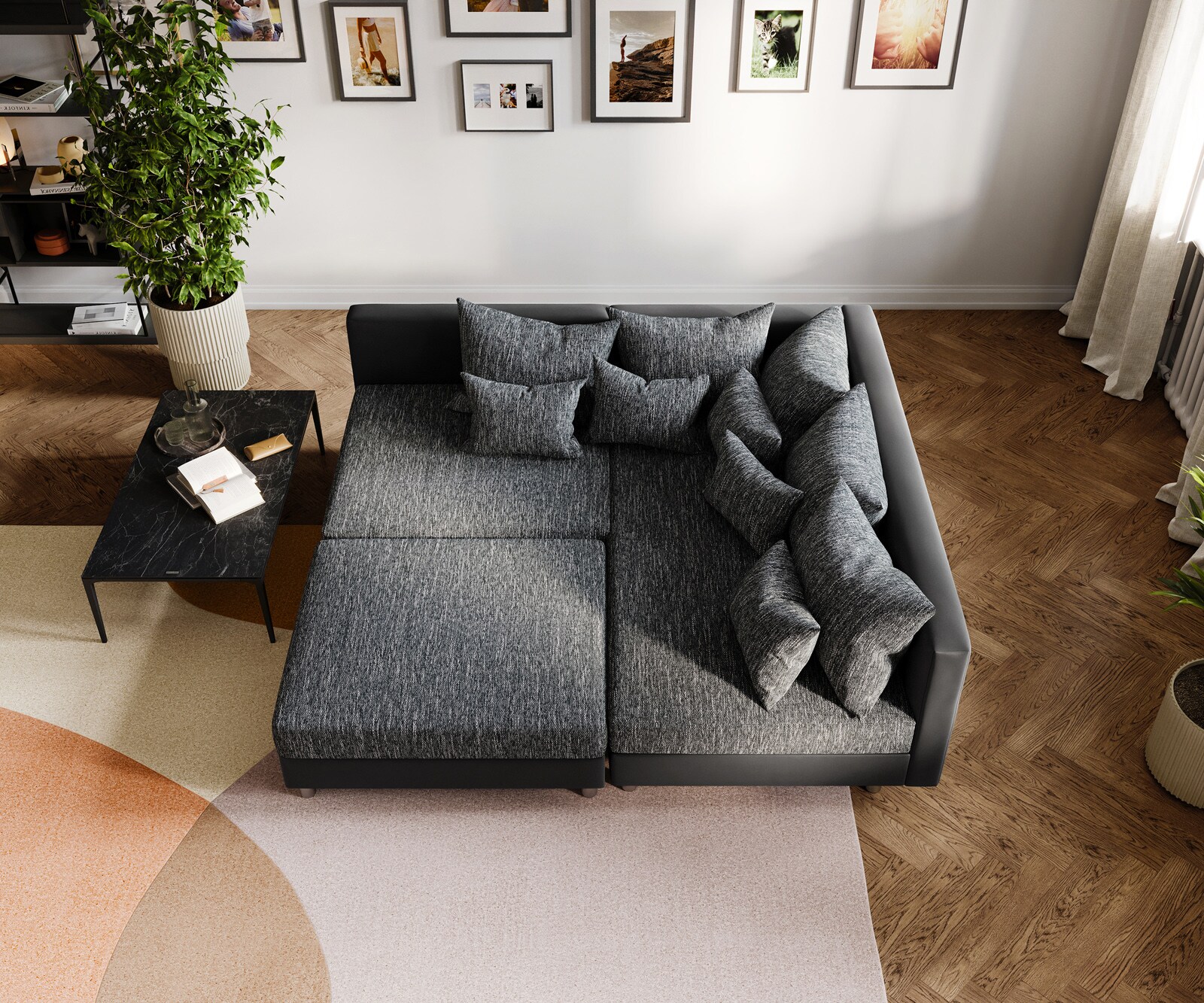 Canapé-d'angle Clovis noir avec tabouret ottoman droite modulaire 6