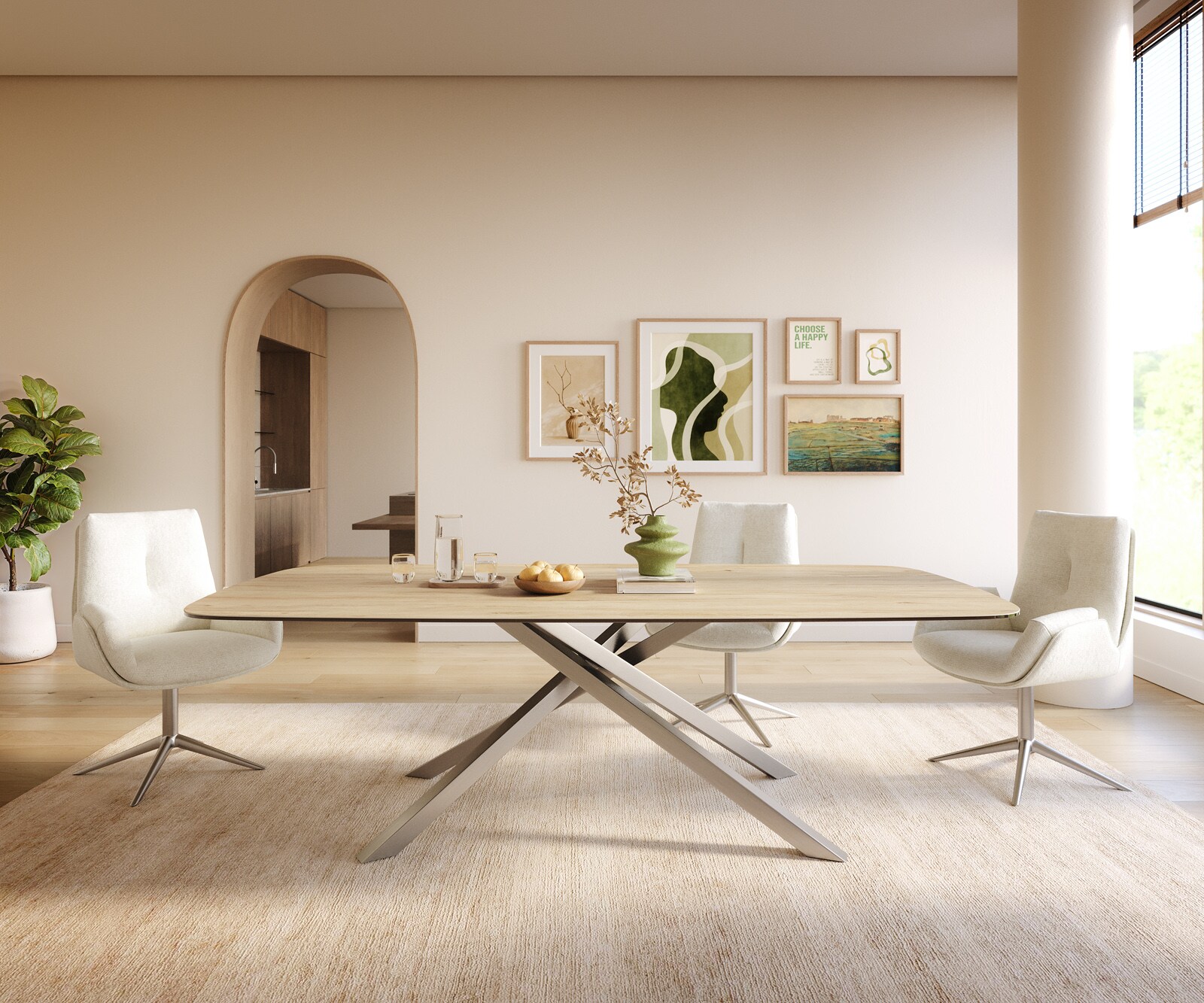 Esstisch Edge Boot 240x120 cm Keramik Laminam® Sabbia Eichefarbig Kreuzgestell Rechteck Edelstahl 1