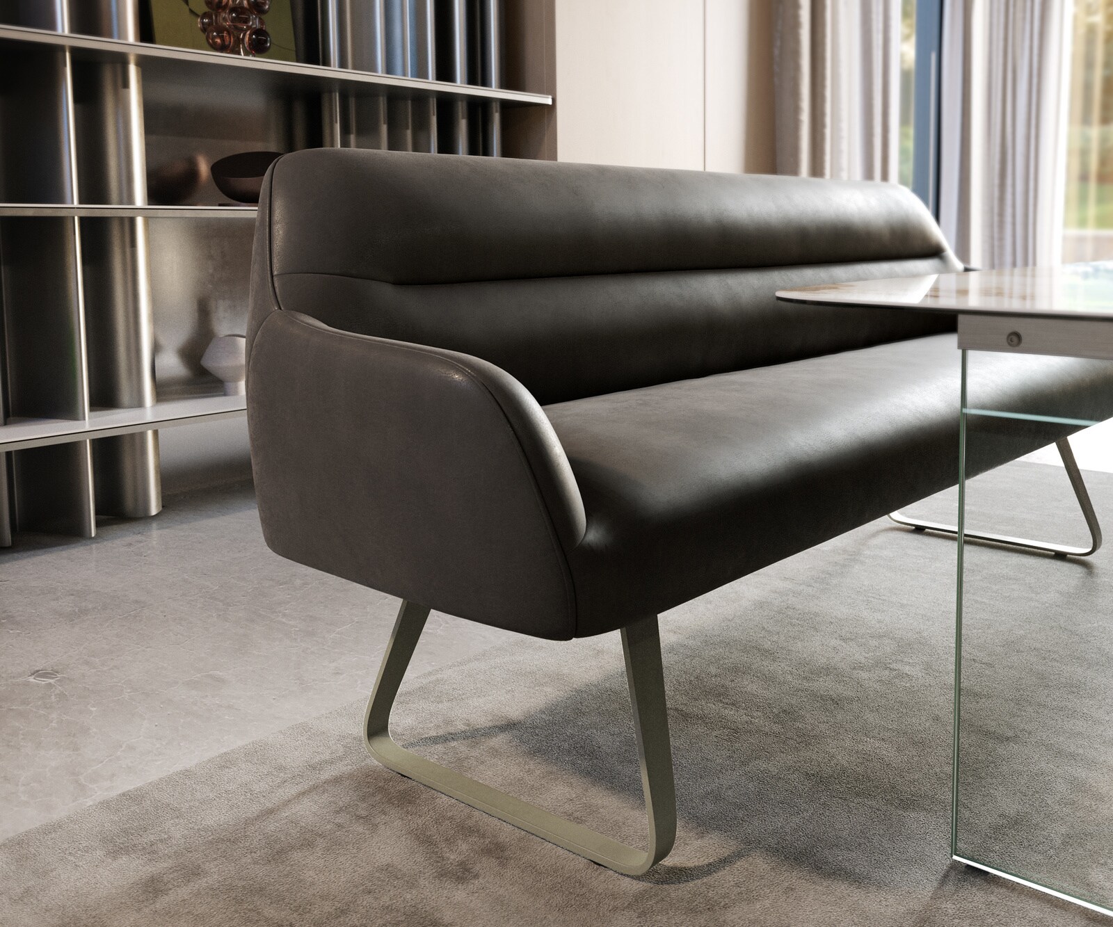 Esszimmerbank Taya-Flex 200 cm Mikrofaser Anthrazit Vintage Kufengestell flach Effektfinish Titan Taschenfederkern 4
