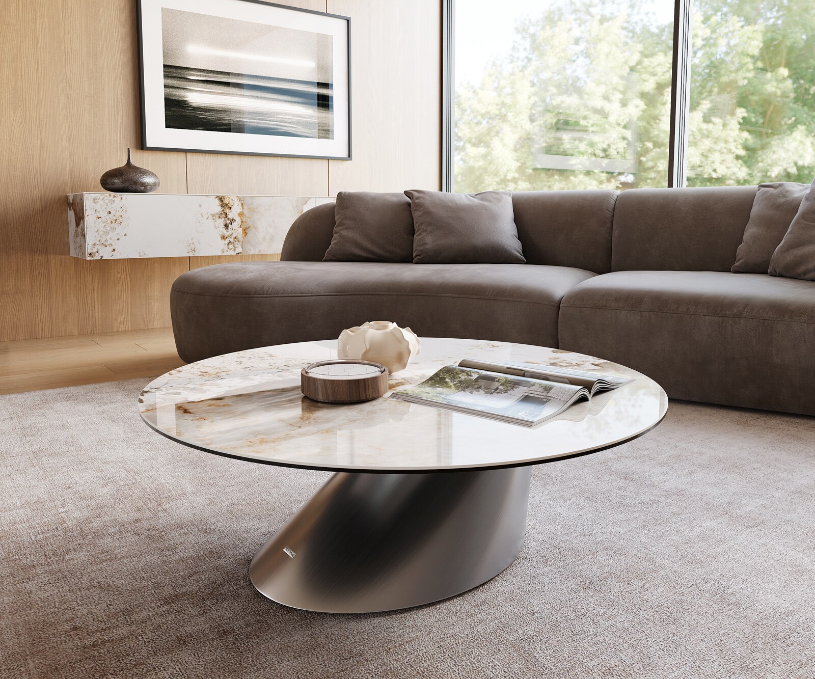 Couchtisch Edge Rund 100x100 cm Keramik Minas Melange Conis Edelstahl gebürstet 1
