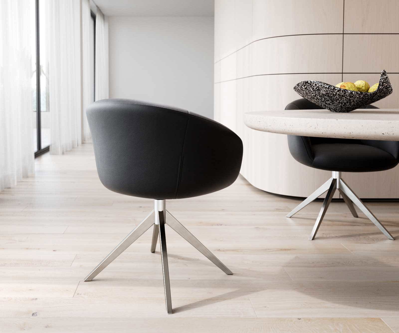 Chaise-pivotante Vinka-Flex avec accoudoirs cuir de vache noir pied croisé large acier inoxydable brossé pivotement sur 360° ressorts ensachés 4