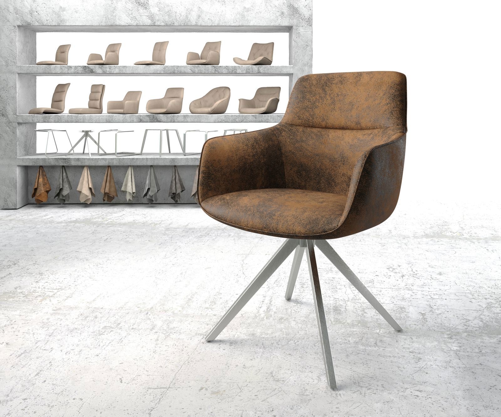 Chaise-pivotante Pejo-Flex brun antique cadre croisé angulaire acier inoxydable pivote sur 180° Chaise-pivotante Pejo-Flex brun antique cadre croisé angulaire acier inoxydable pivote sur 180°