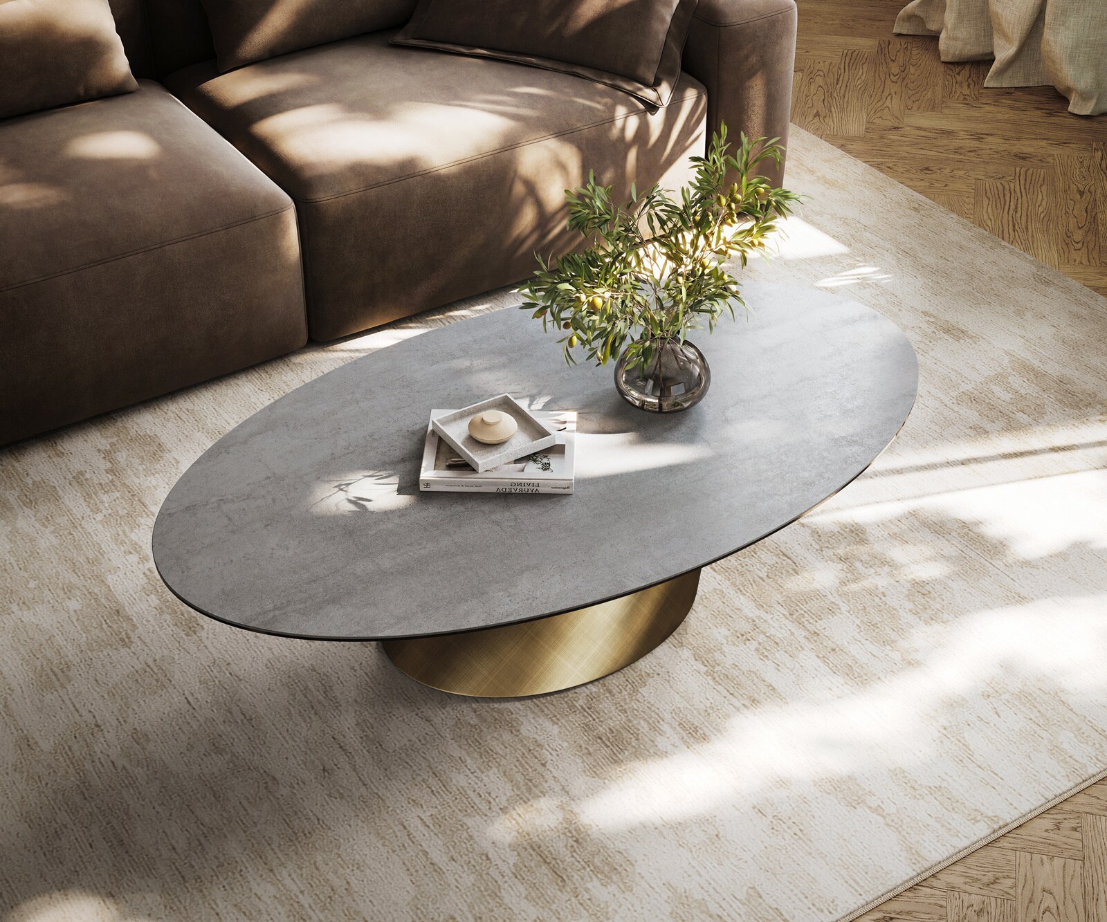 Table basse Edge ovale 140x80 cm céramique béton gris Conis métallique or 3