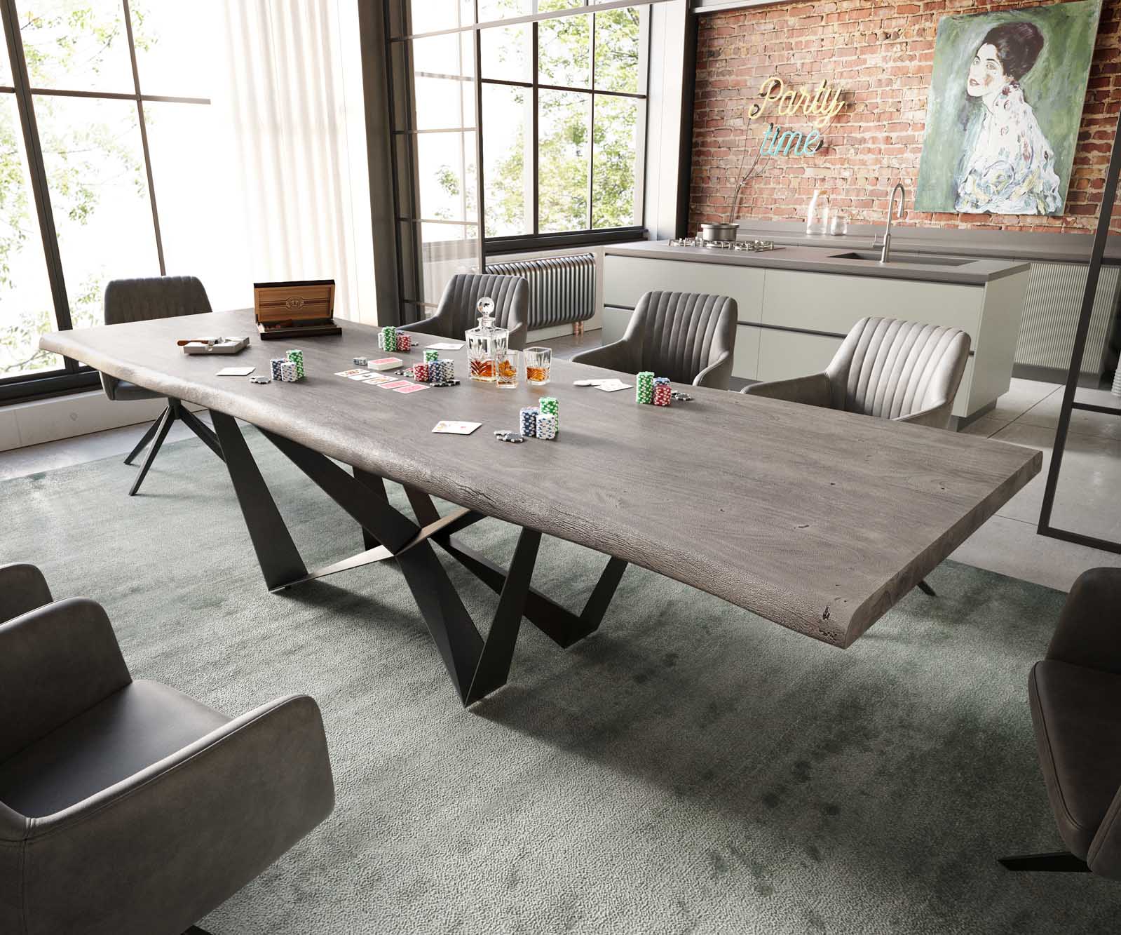 Table à manger Edge 300x100 XL acacia platine Spider acier plat noir Live-Edge Table à manger Edge 300x100 XL acacia platine Spider acier plat noir Live-Edge