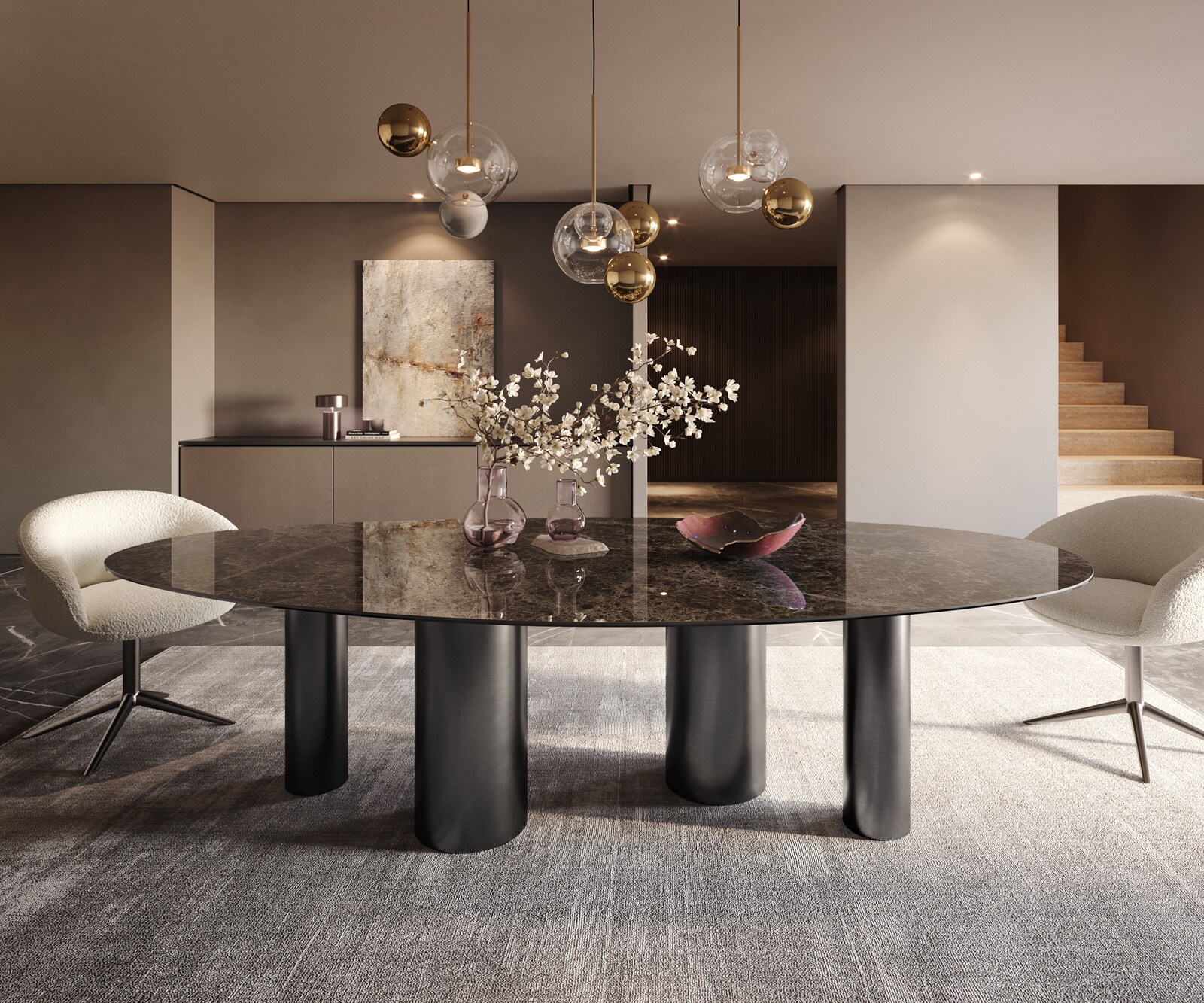 Esstisch Edge Oval 280x130 Keramik Emperador Extra Lucidato Dunkelbraun Pilier Edelstahl Graphit 2