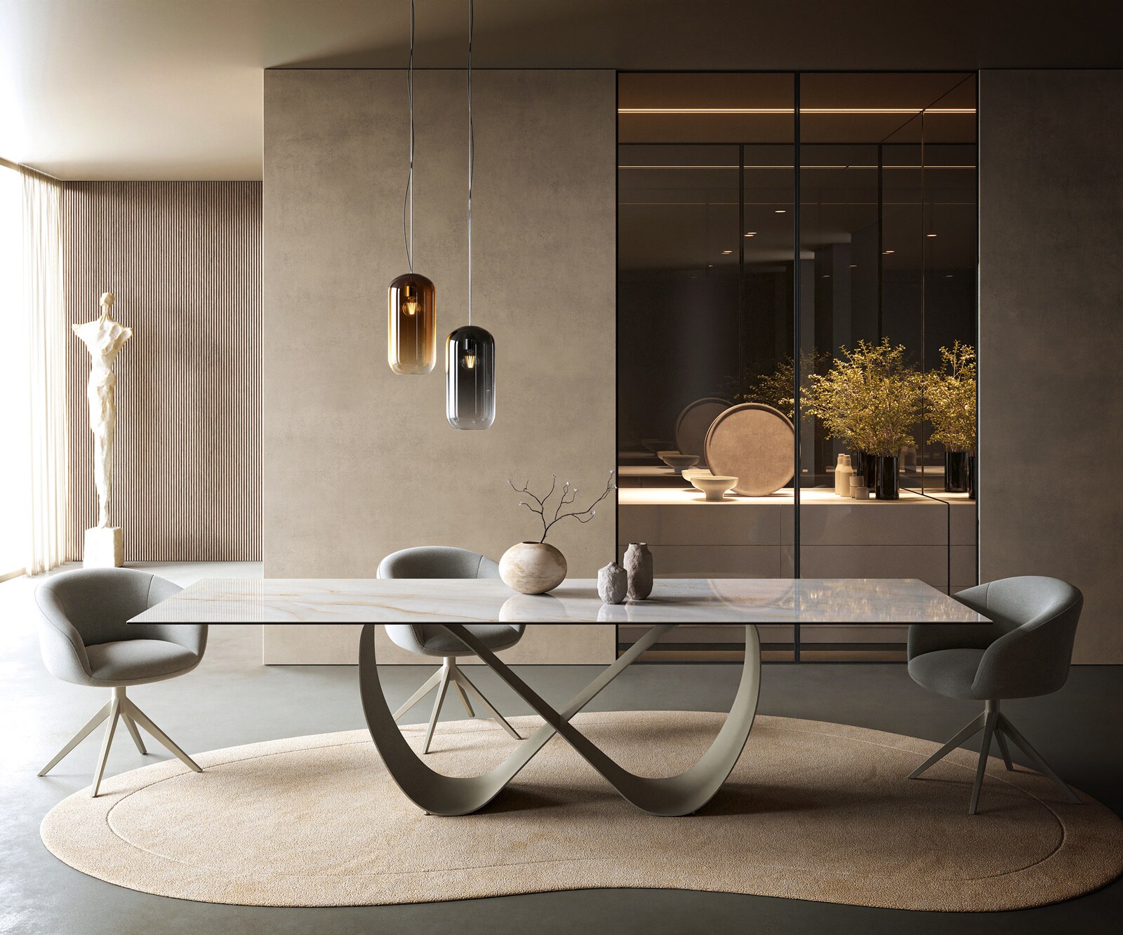 Table à manger Edge 300x100 cm céramique Onyx Pearl Infinity métal finition effet titane 1