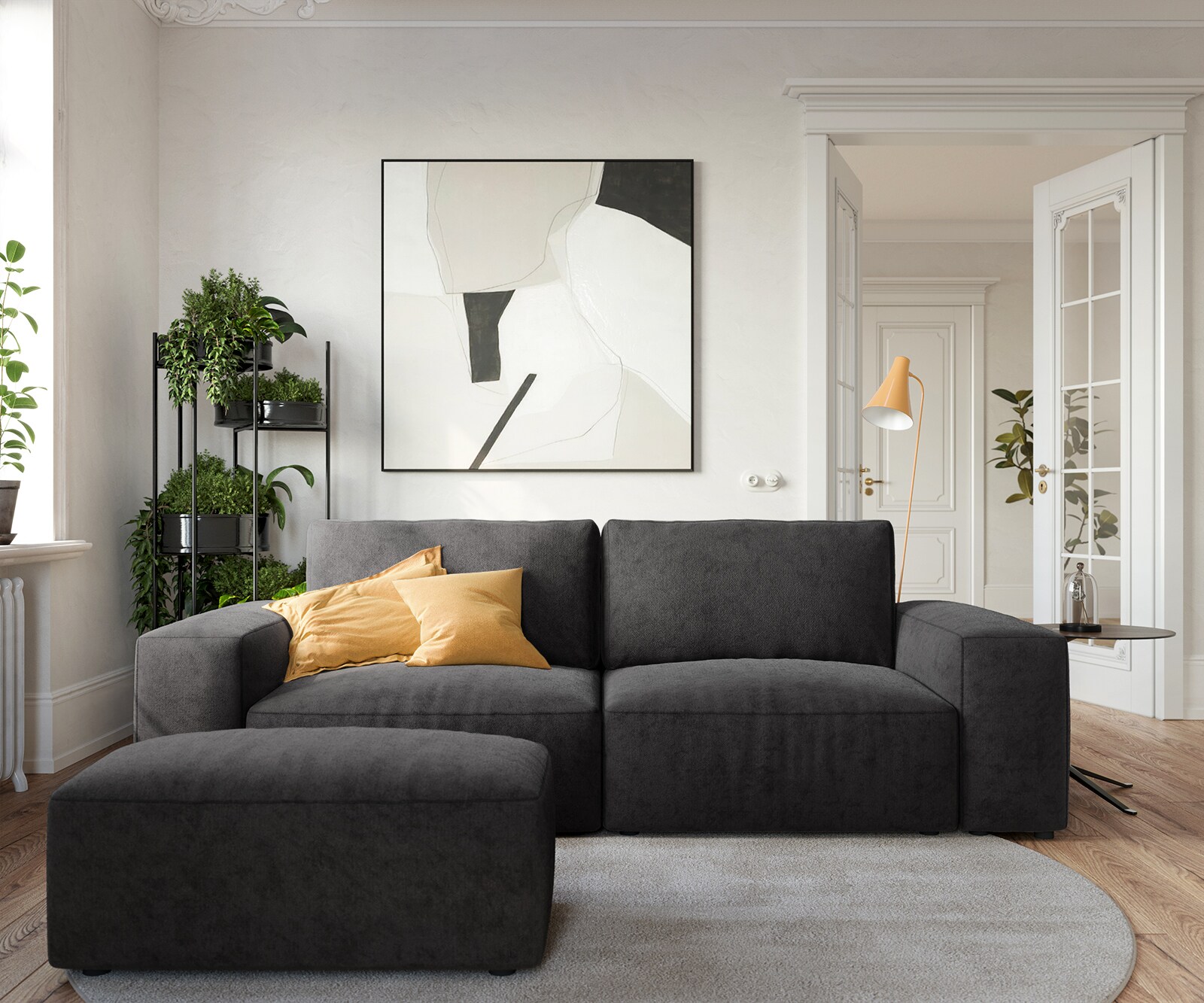 Big canapé Lanzo 230x95 cm microfibre noir avec pouf 1