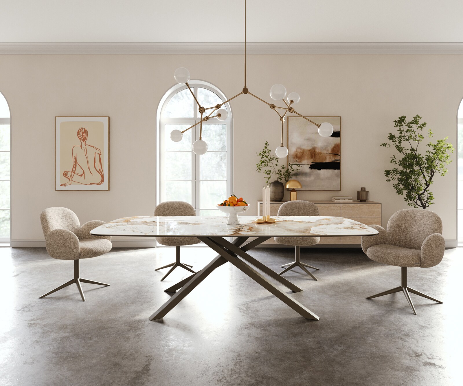 Table à manger Edge Boot 240x120 cm Céramique Minas Melange Blanc-Beige piètement en croix Rectangle Finition effet Titan 1