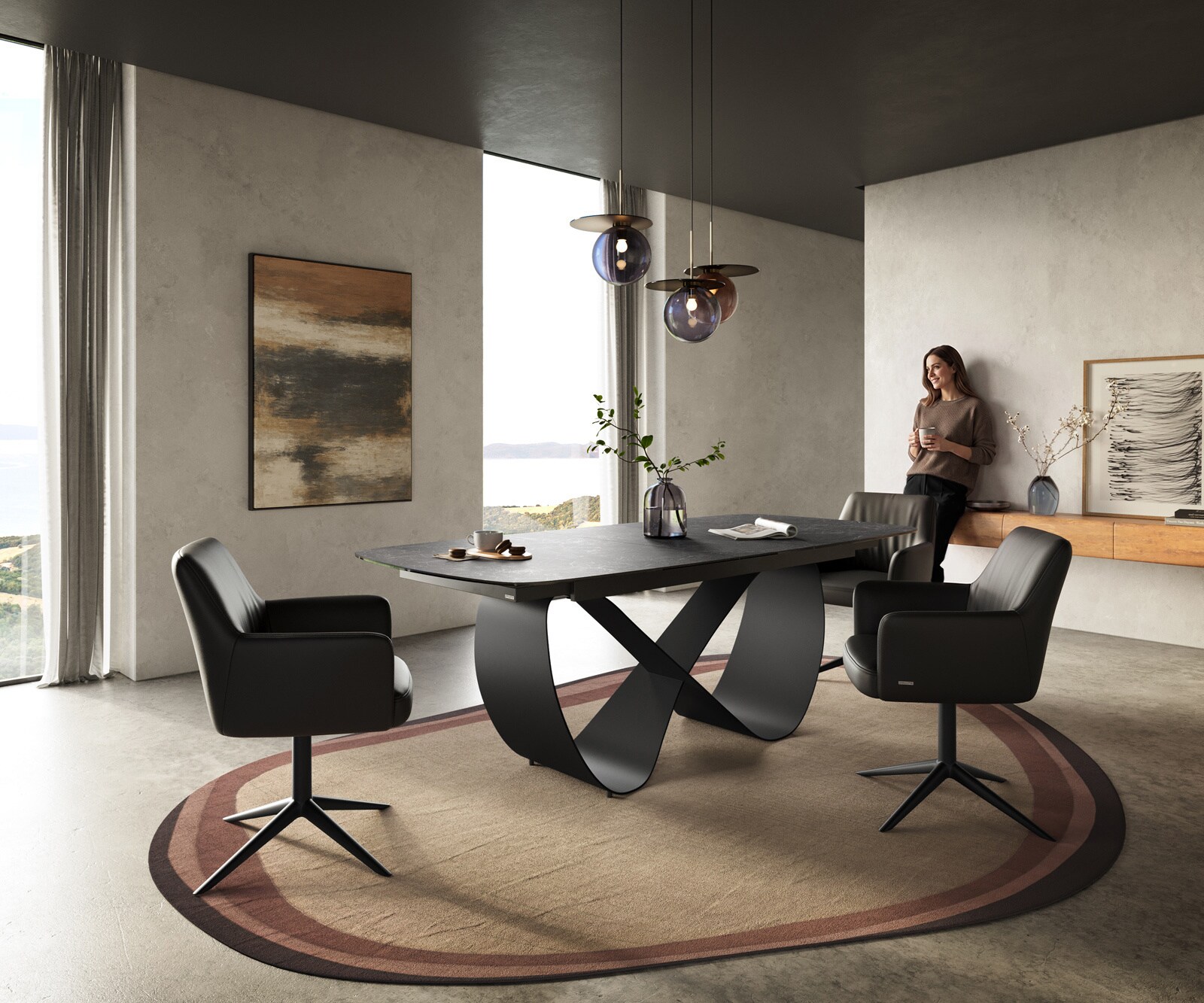 Esstisch Edge Boot 180-220x100 cm Keramik Laminam® Nero Greco Anthrazit Infinity Metall Schwarz ausziehbar 5