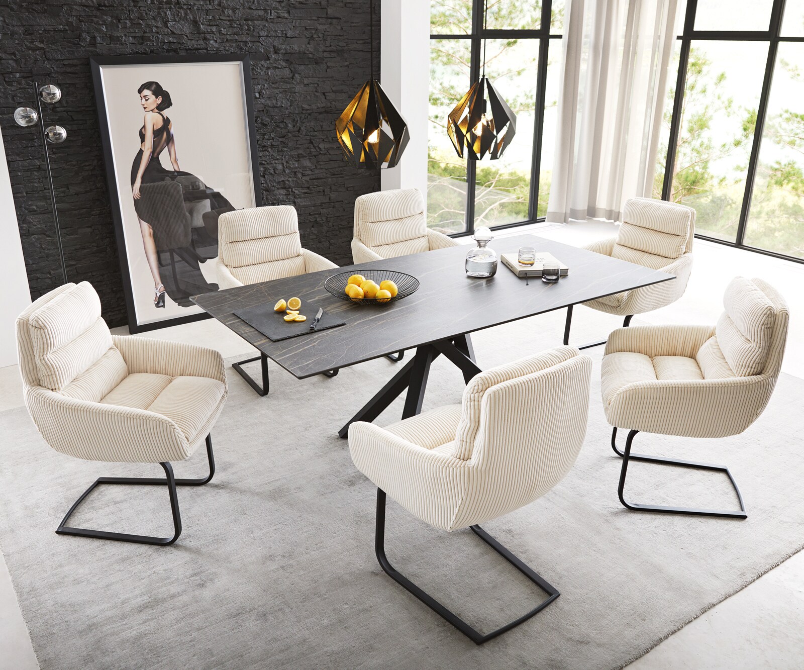 Cantilever Abelia-Flex avec accoudoirs côtelé beige vintage pied cantilever plat noir 3