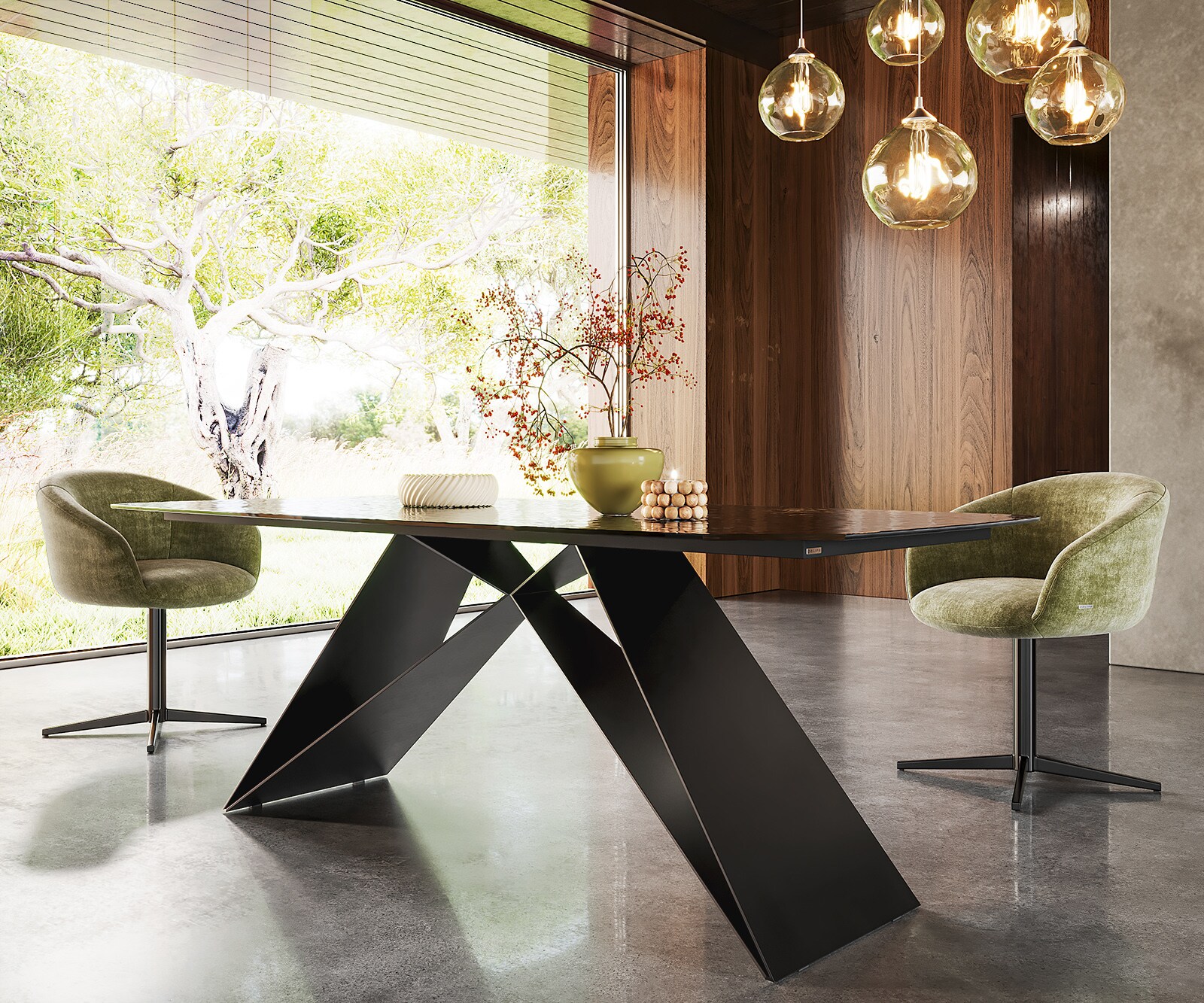 Table à manger Edge en forme de bateau 200x100 verre fondu noir fumé relief en 3D cadre en V acier plat noir 4