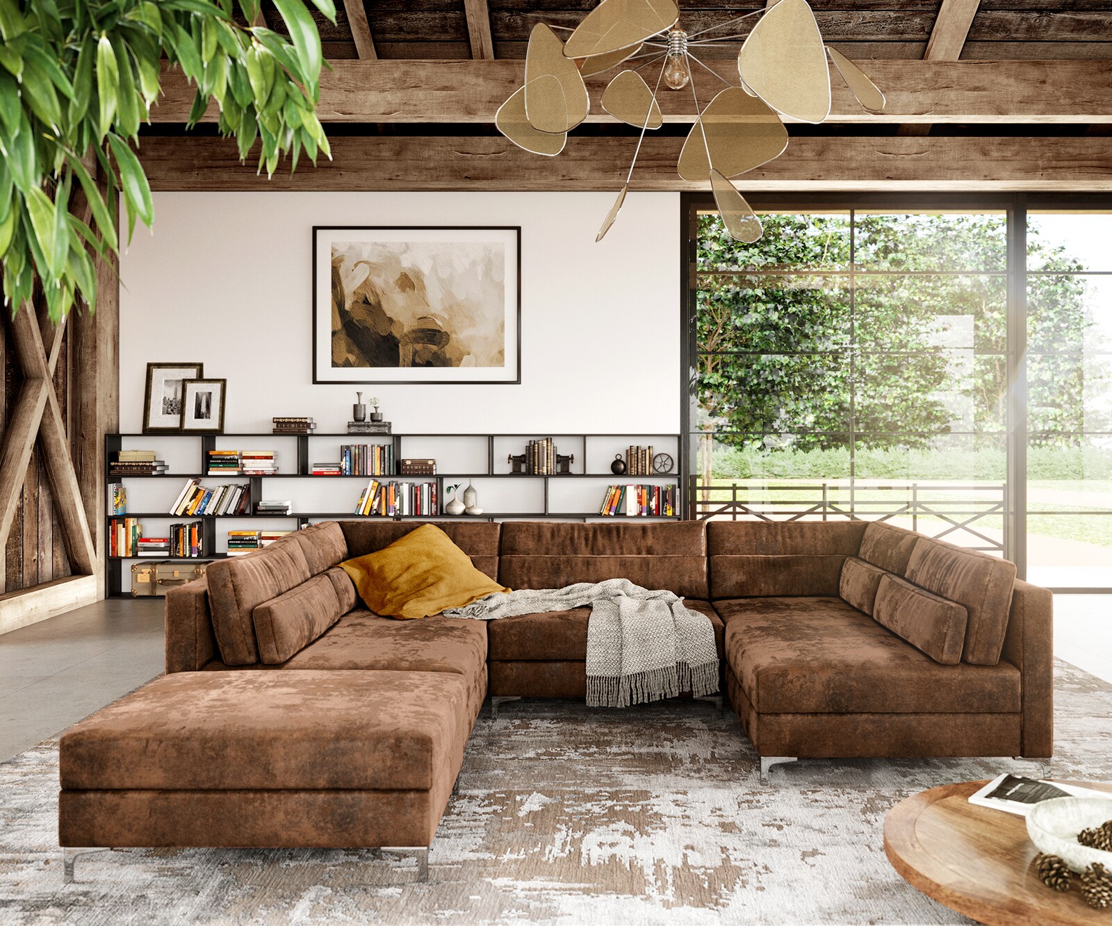 Wohnlandschaft Elio 300x185 cm Lederimitat Vintage Braun Antik mit Hocker 2