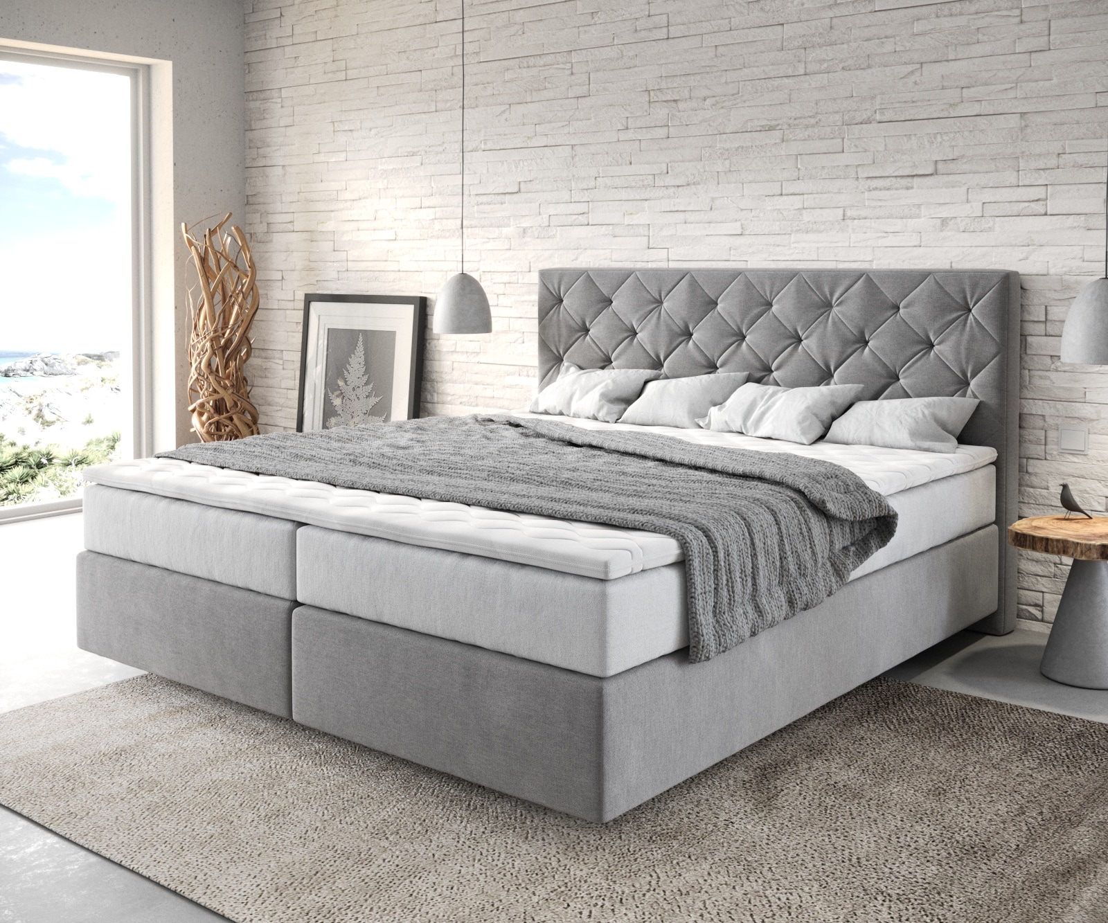 Boxspringbett Dream-Great 180x200 cm Mikrofaser Grau mit TFK Matratze und Visco Topper