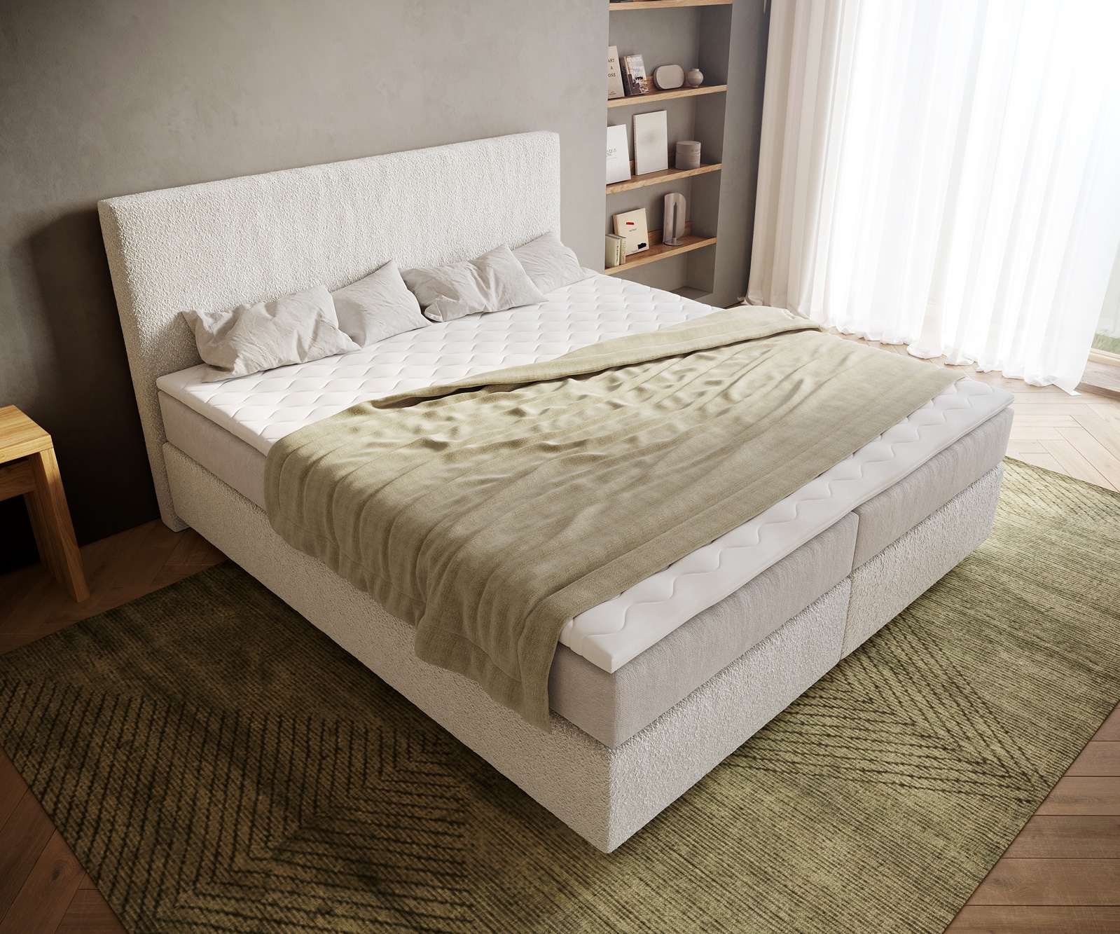 Boxspringbett Dream-Well 180x200 cm Bouclé Creme-Weiß mit Taschenfederkernmatratze und Topper Visco 3 Boxspringbett Dream-Well 180x200 cm Bouclé Creme-Weiß mit Taschenfederkernmatratze und Topper Visco 3