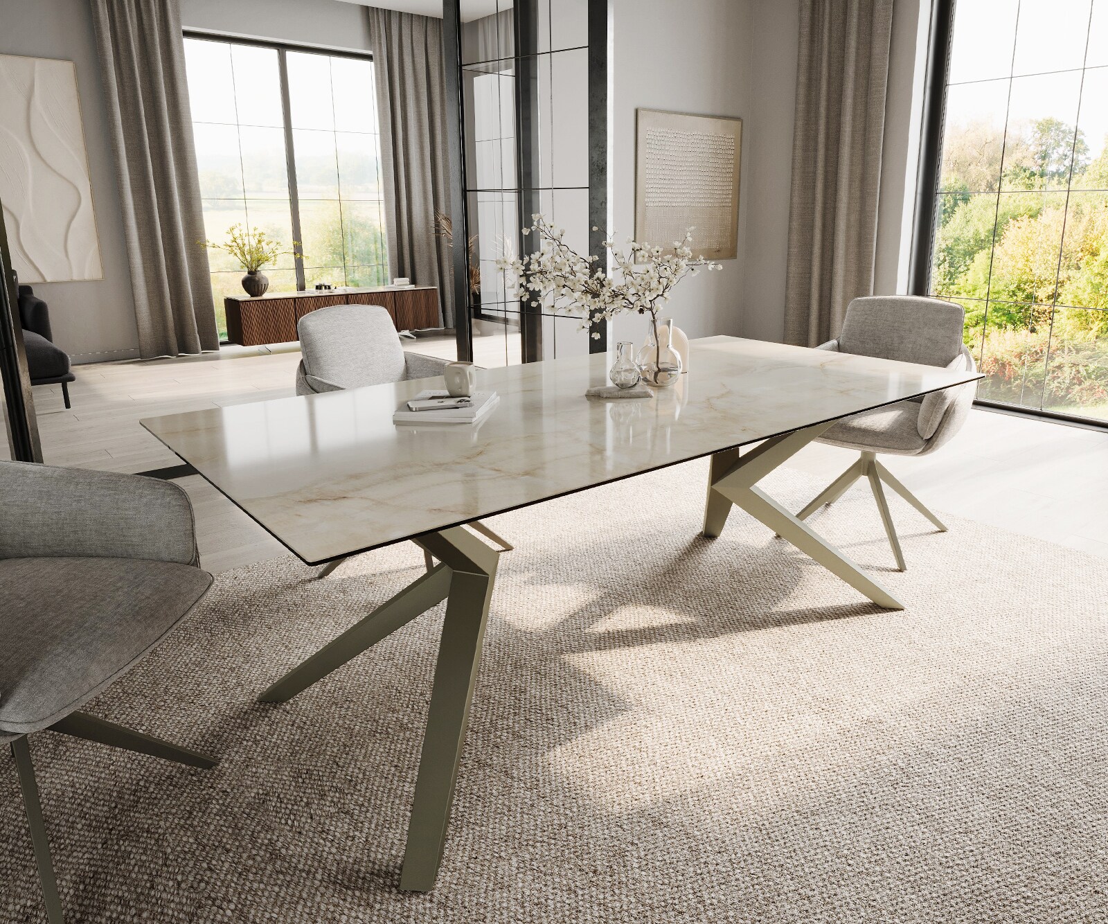 Esstisch Edge 200x100 Keramik Laminam® Onice Oro ​Zenthara kantig Metall Effektfinish Titan
