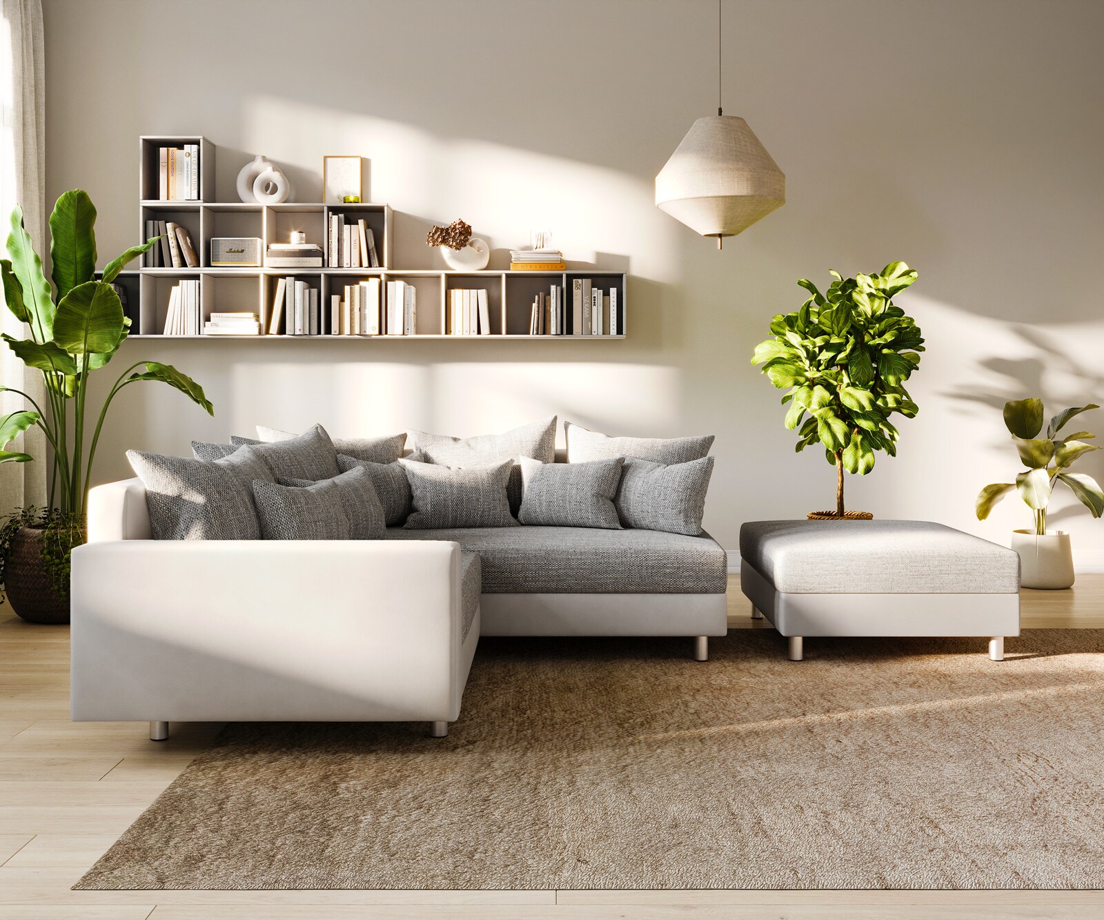 Ecksofa Clovis Weiss Hellgrau modular Hocker Armlehne Ottomane Rechts 3 Ecksofa Clovis Weiss Hellgrau modular Hocker Armlehne Ottomane Rechts 3