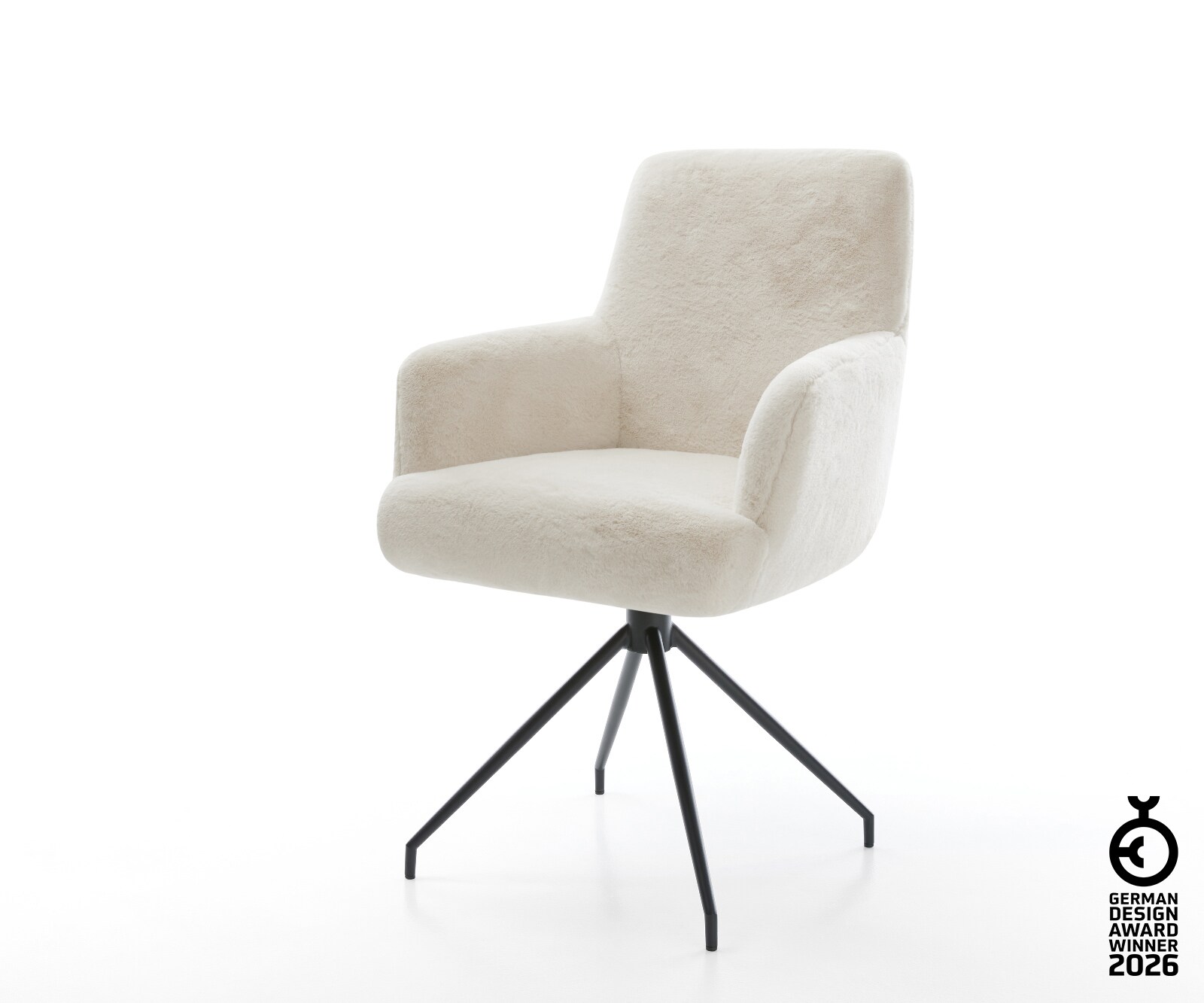 Chaise-de-salle-à-manger Heira-Flex avec accoudoirs peluche crème-blanc pied croisé conique noir resorts ensachés 1